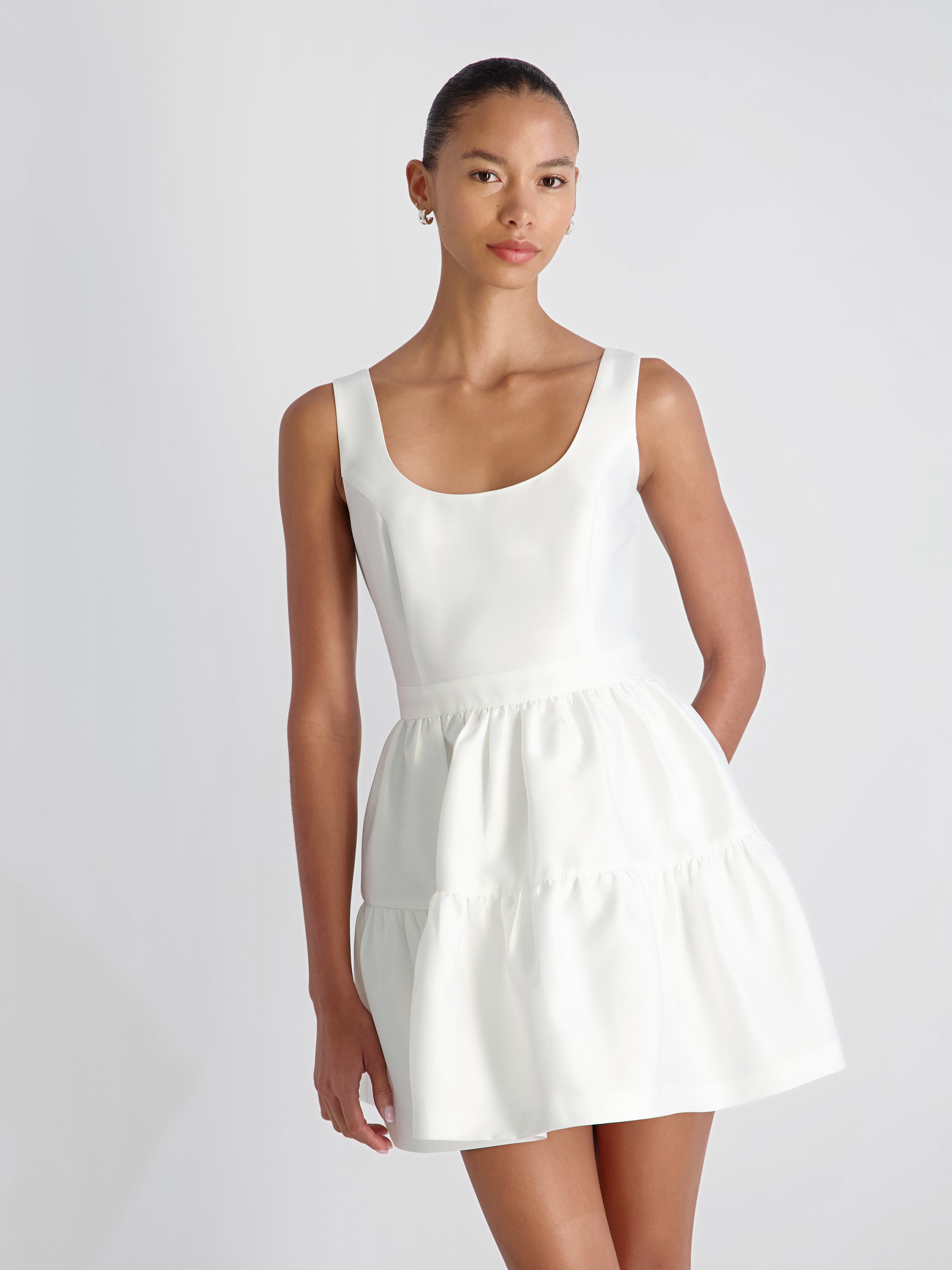 STRUCTURED TAFFETA TIERED FLARE MINI DRESS View 2 | White Dresses STRUCTURED TAFFETA TIERED FLARE MINI DRESS View 2 | White Dresses