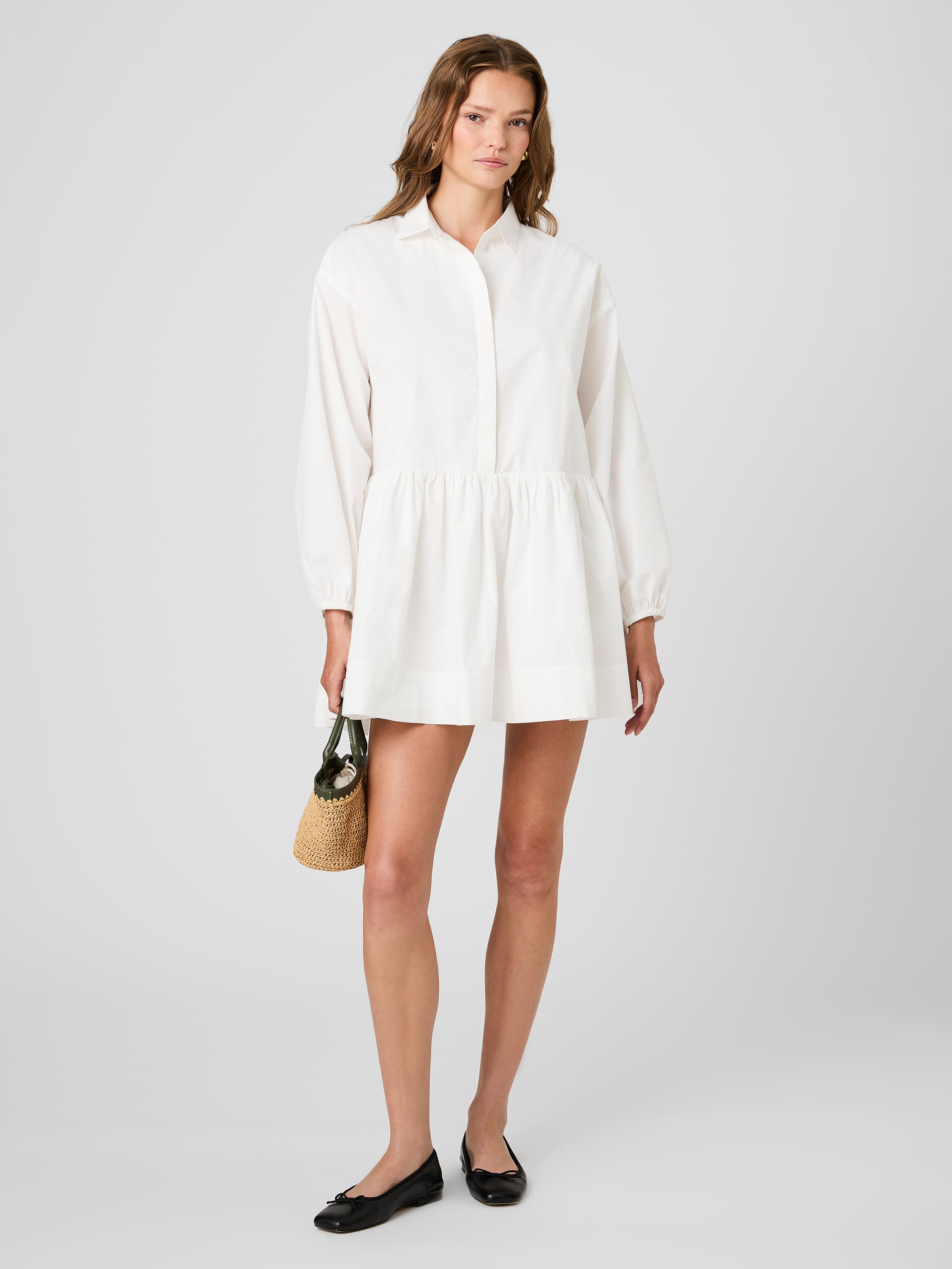 CAMBRIA COTTON FLARE MINI LONG SLEEVE DRESS View 1 | White Dresses CAMBRIA COTTON FLARE MINI LONG SLEEVE DRESS View 1 | White Dresses