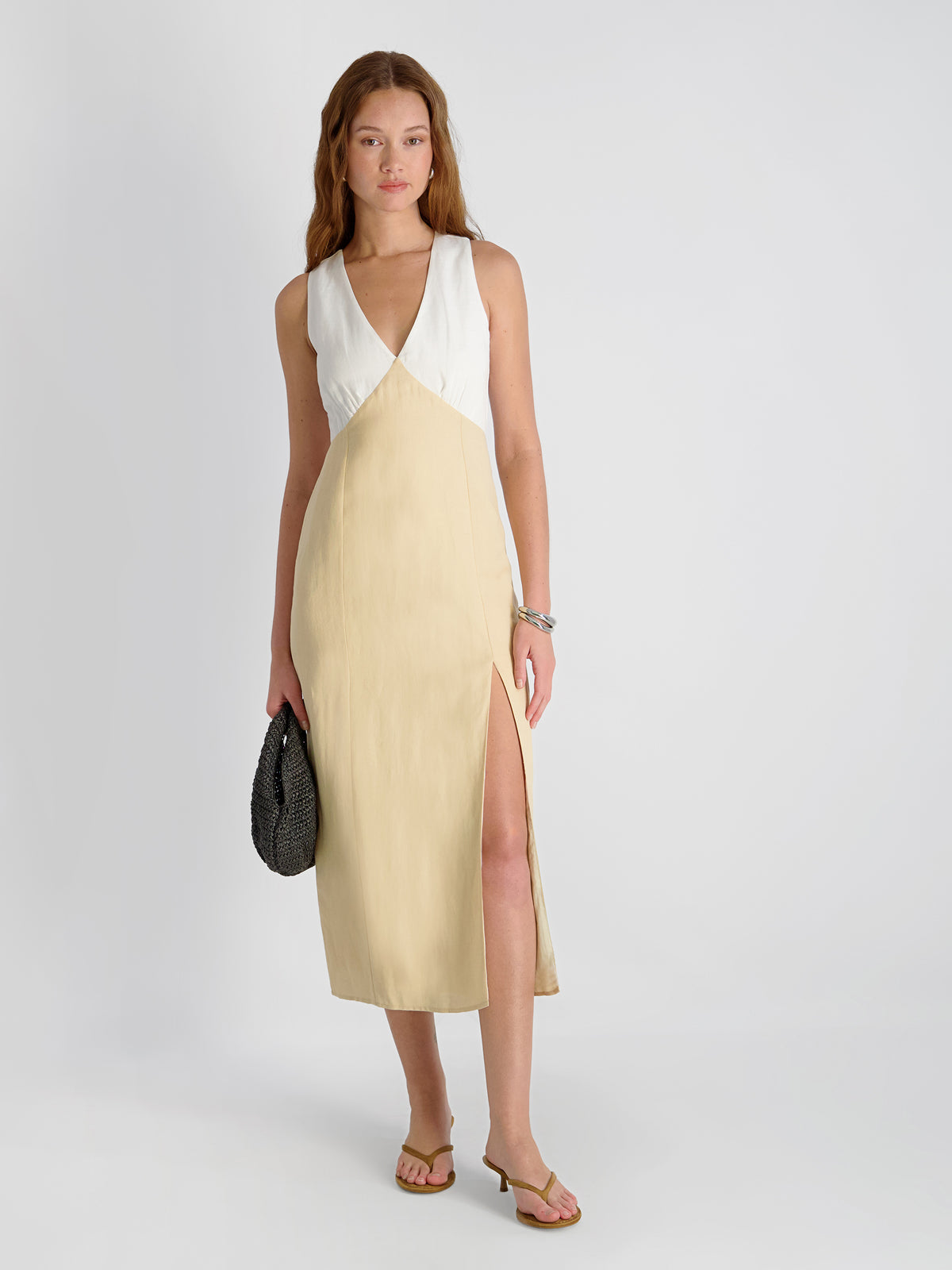 beige midi dress outfit Outfit Details:, Beige Pard Shoulder Midi Dress, Size: S,M,L | N44,800, White Satin Playsuit, Size: S,M,L | N54,800, Cream Pleated Halter Neck Top, Size: S,M,L