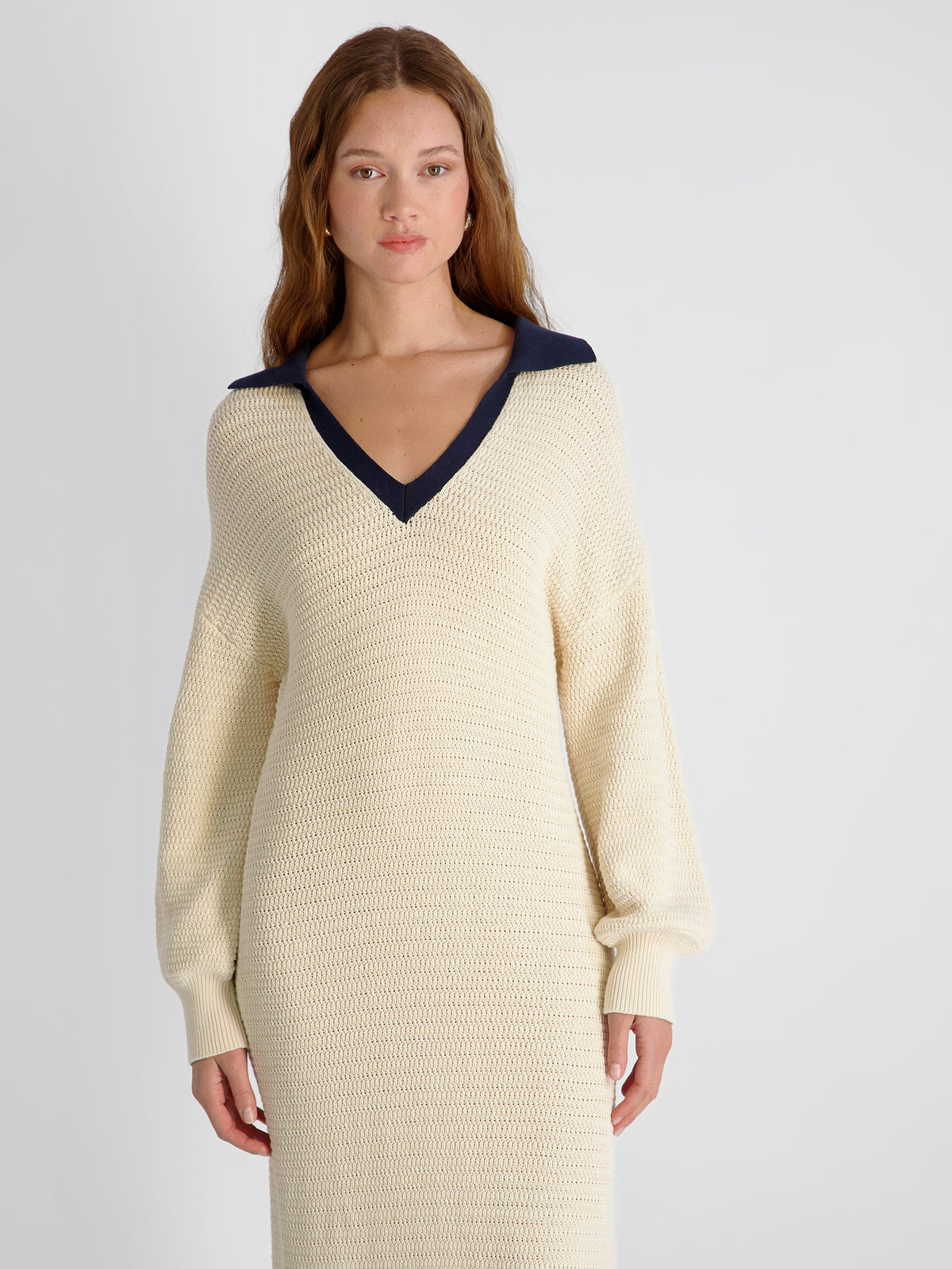womens knitted dress Mozart Contrast Texture Knit Maxi Dress in Ecru