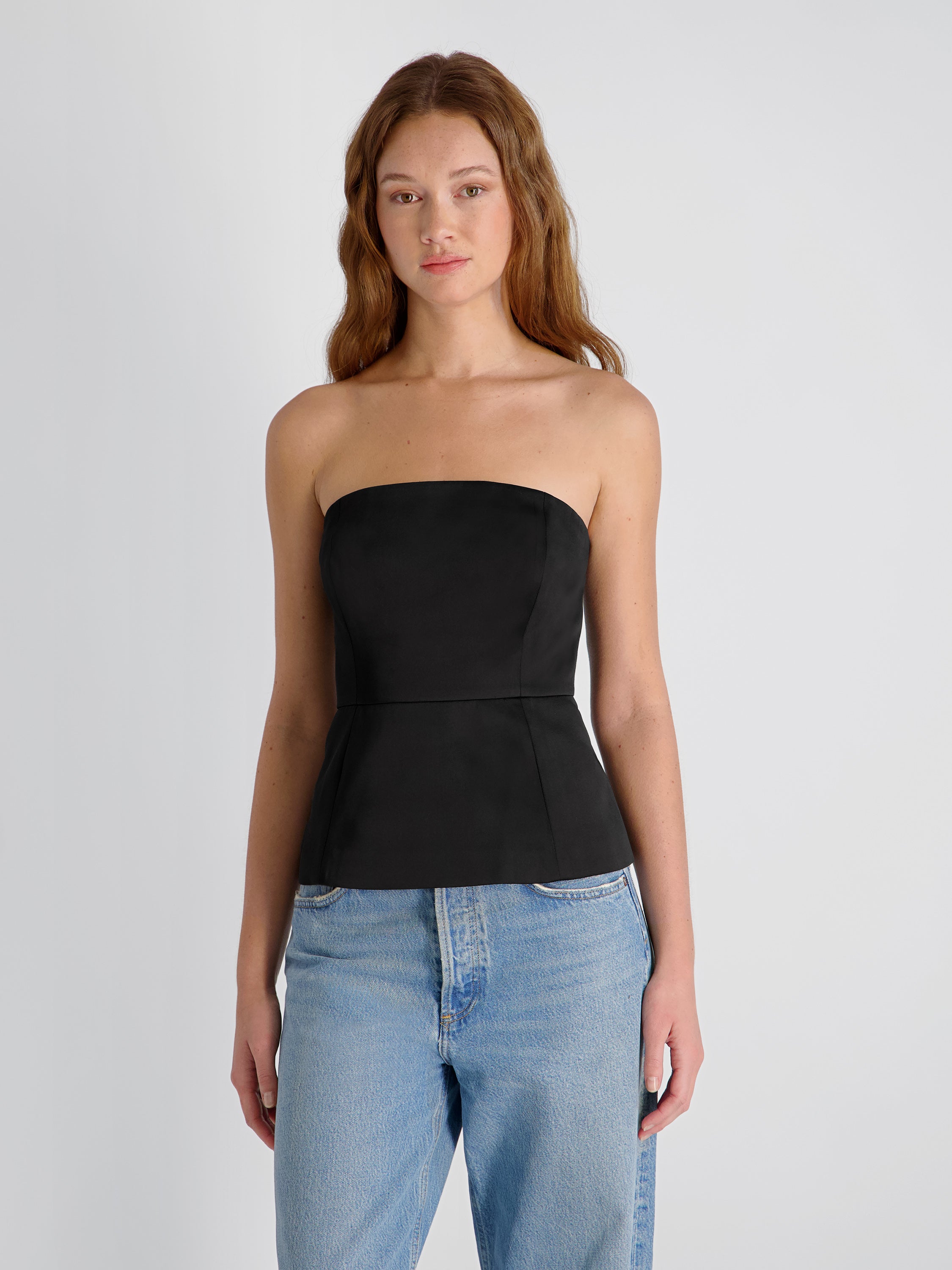 YORK SATIN STRAPLESS PEPLUM TOP View 1 | Elevated Essentials YORK SATIN STRAPLESS PEPLUM TOP View 1 | Elevated Essentials