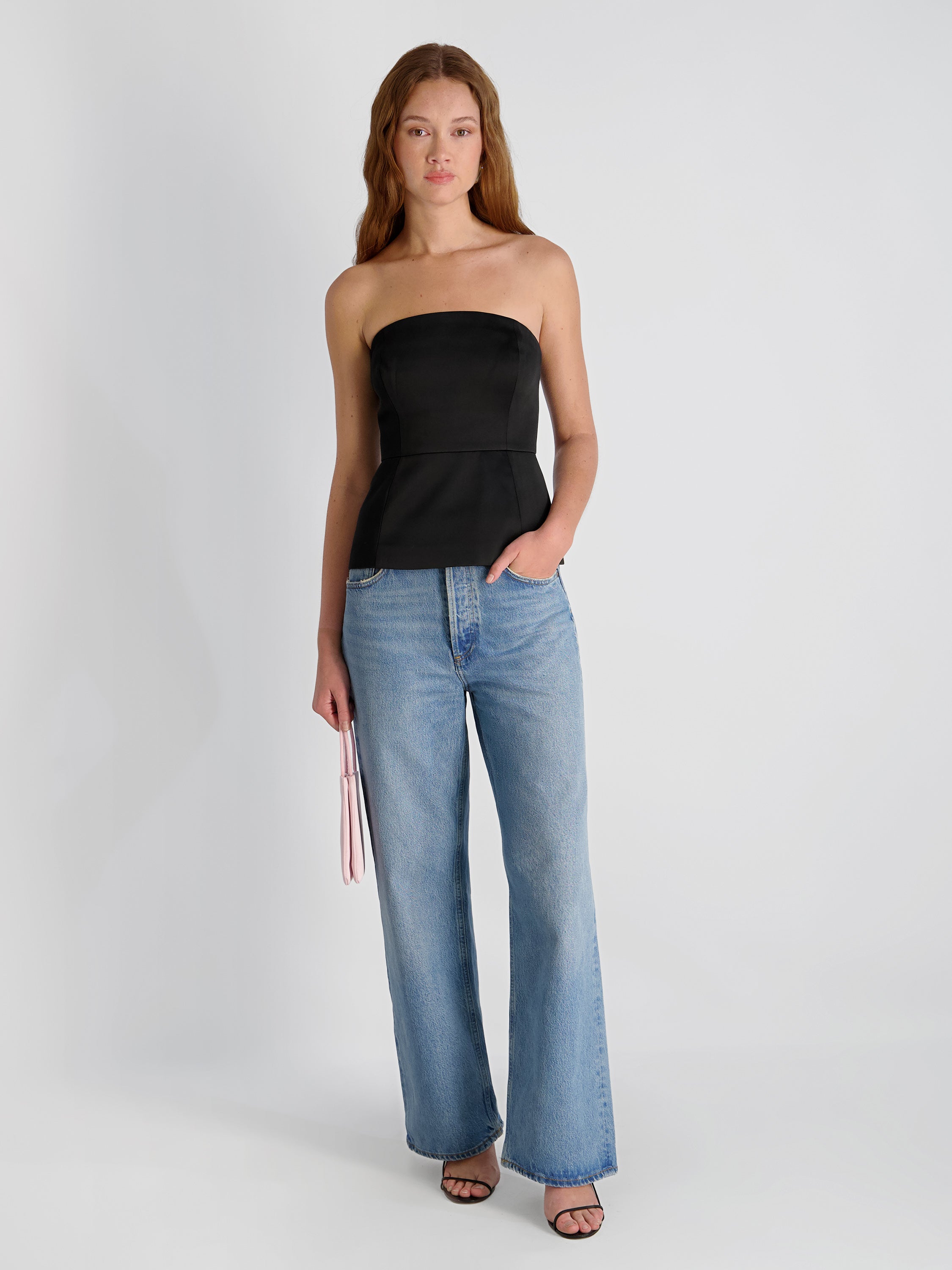 YORK SATIN STRAPLESS PEPLUM TOP View 2 | Elevated Essentials YORK SATIN STRAPLESS PEPLUM TOP View 2 | Elevated Essentials