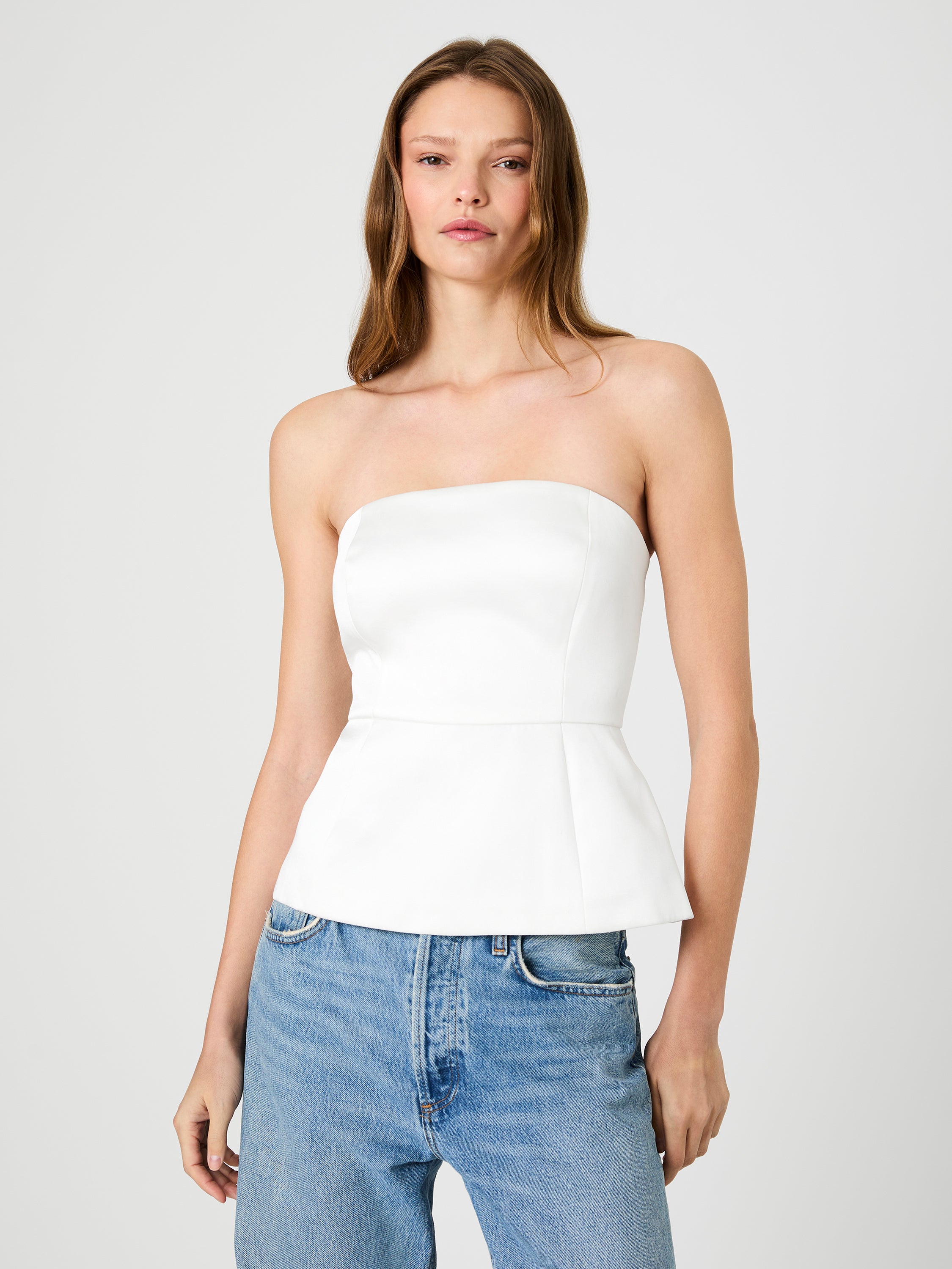 York Satin Strapless Peplum Top | French Connection US