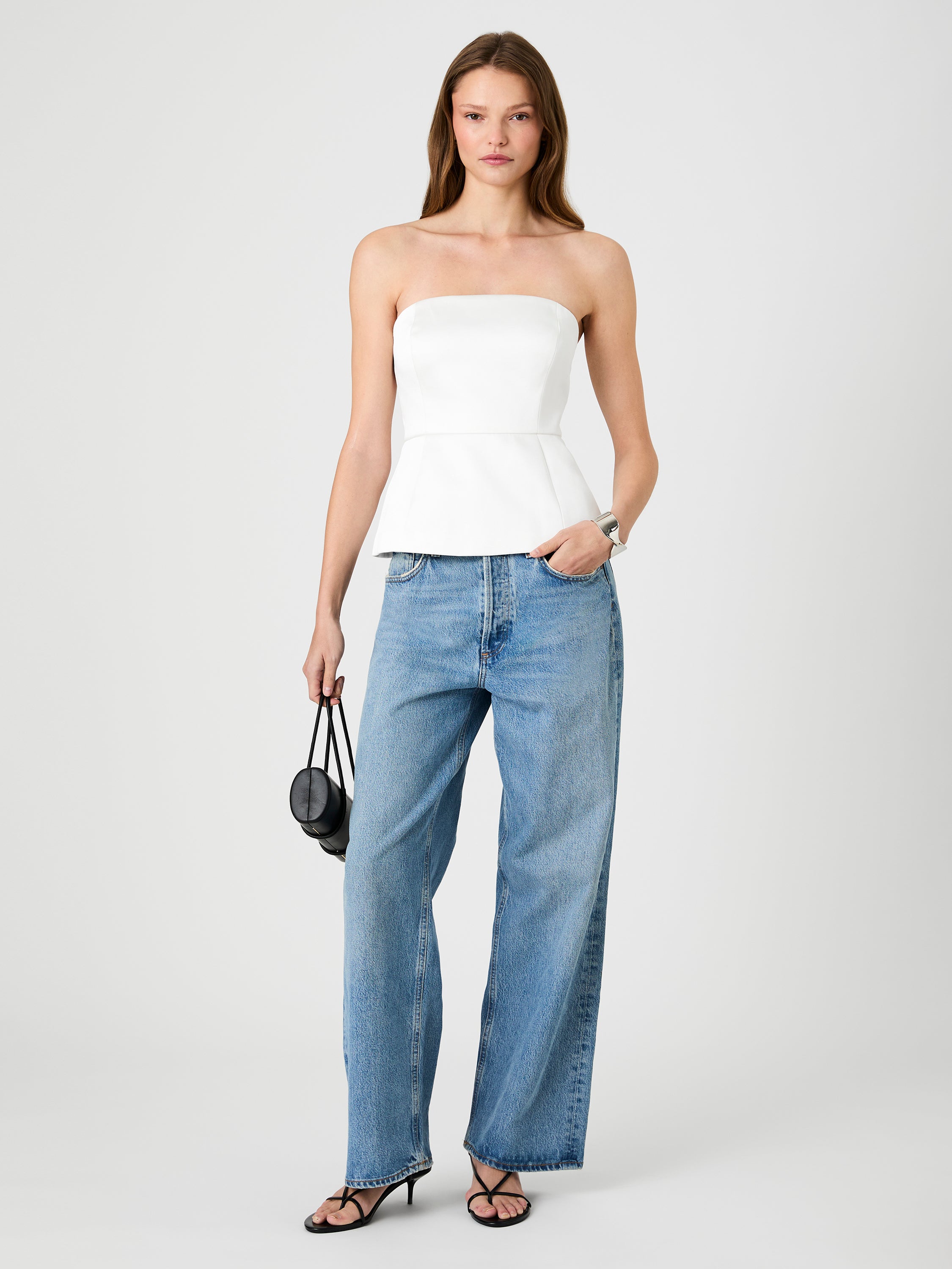 York Satin Strapless Peplum Top | French Connection US