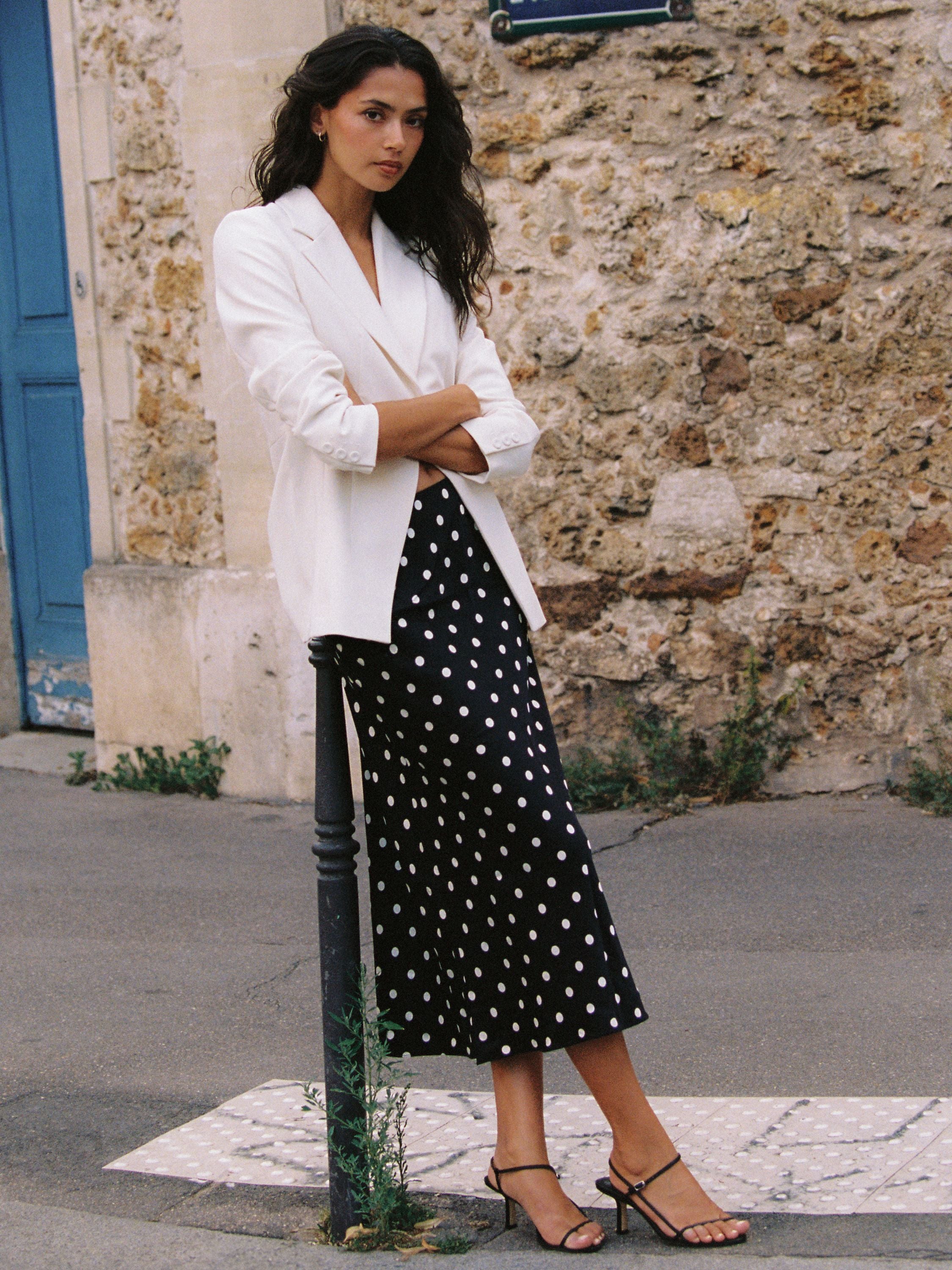 ENNIS SATIN POLKA DOT MIDI SKIRT View 1 | The Essentials Edit ENNIS SATIN POLKA DOT MIDI SKIRT View 1 | The Essentials Edit