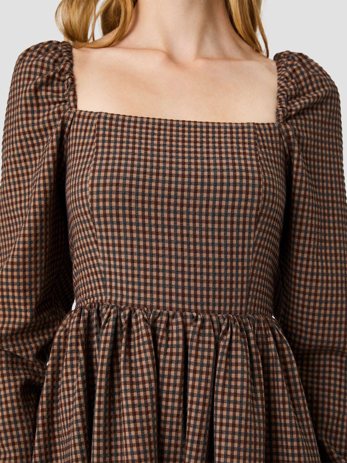 DIANA TEXTURED GINGHAM PUFF LONG SLEEVE MINI DRESS VIEW 3 DIANA TEXTURED GINGHAM PUFF LONG SLEEVE MINI DRESS VIEW 3