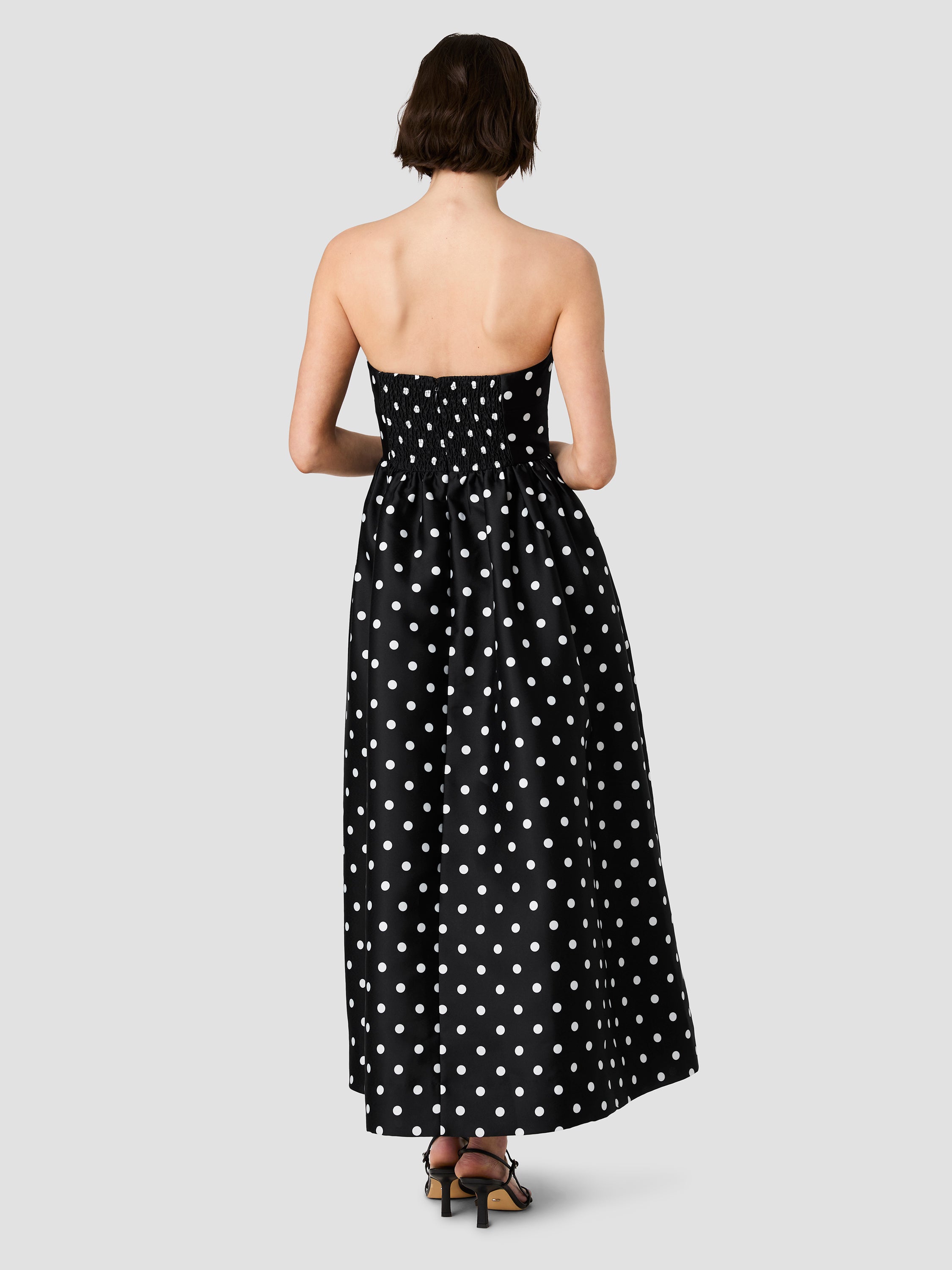 STRUCTURED TAFFETA POLKA DOT STRAPLESS MIDI DRESS VIEW 3 | Best Sellers STRUCTURED TAFFETA POLKA DOT STRAPLESS MIDI DRESS VIEW 3 | Best Sellers