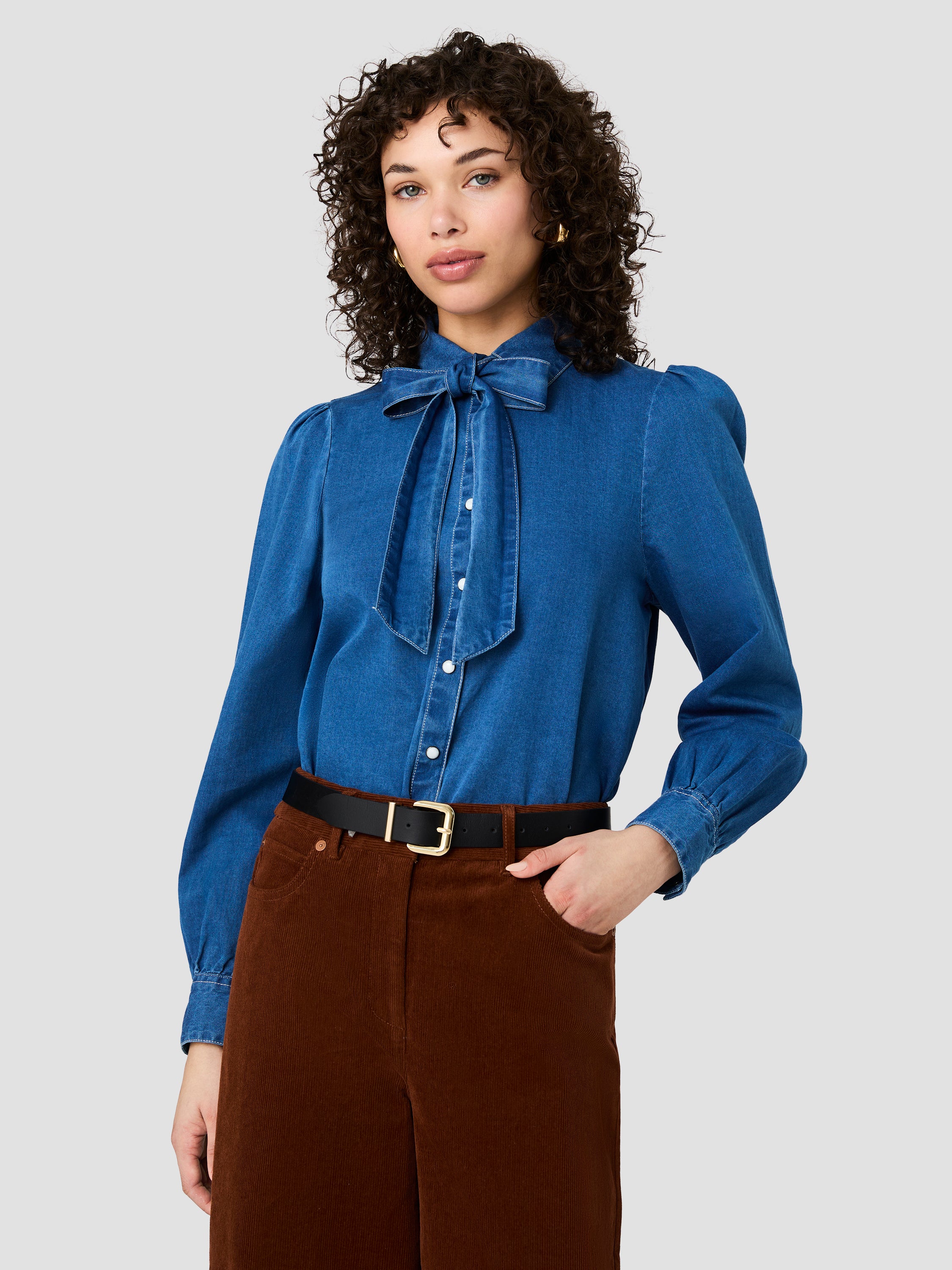 ZAVES CHAMBRAY BOW LONG SLEEVE TOP View 1 | Products ZAVES CHAMBRAY BOW LONG SLEEVE TOP View 1 | Products