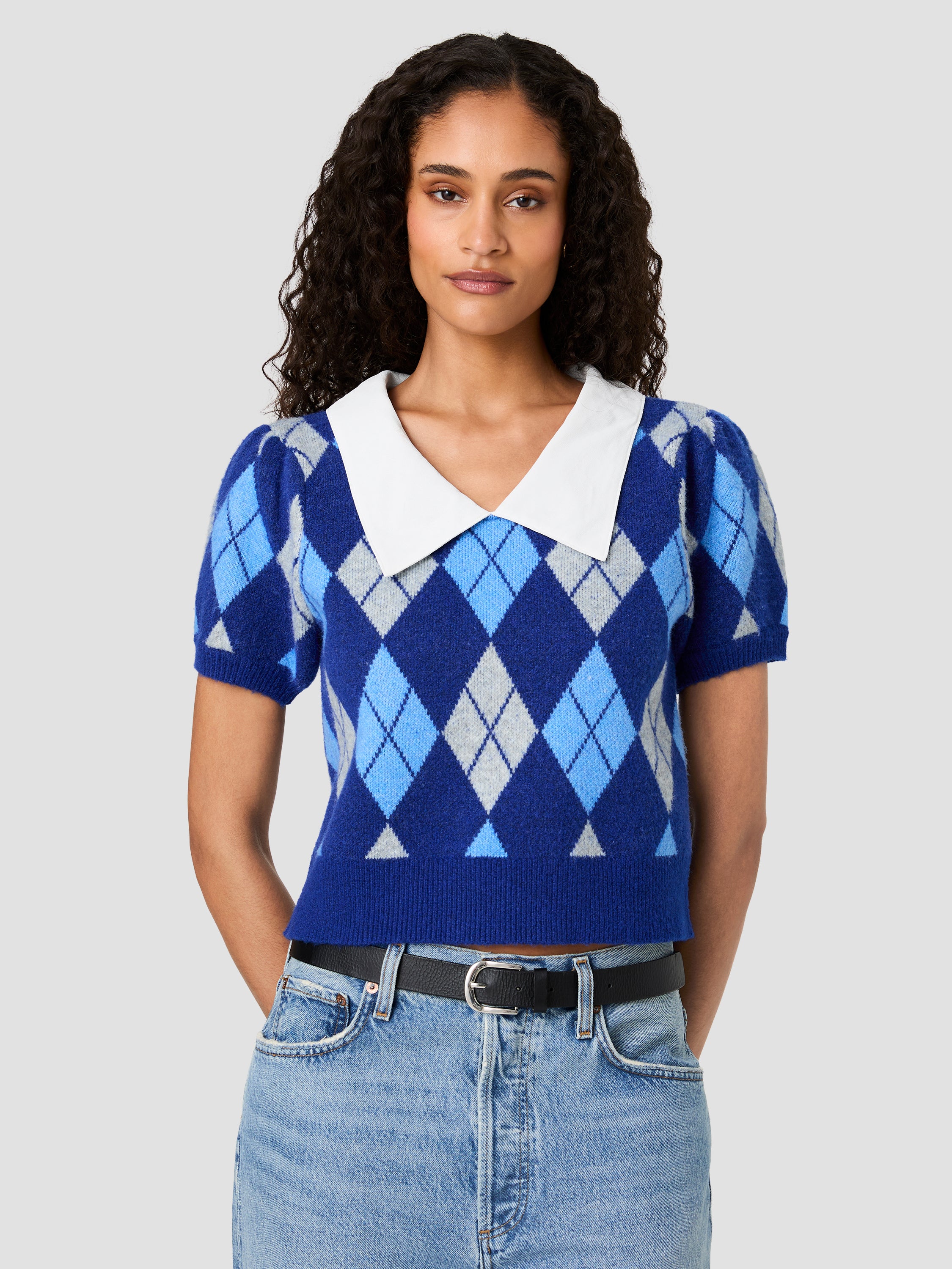 KODA KNIT COLLARED ARGYLE JACQUARD PUFF SLEEVE TOP View 2 | Products KODA KNIT COLLARED ARGYLE JACQUARD PUFF SLEEVE TOP View 2 | Products