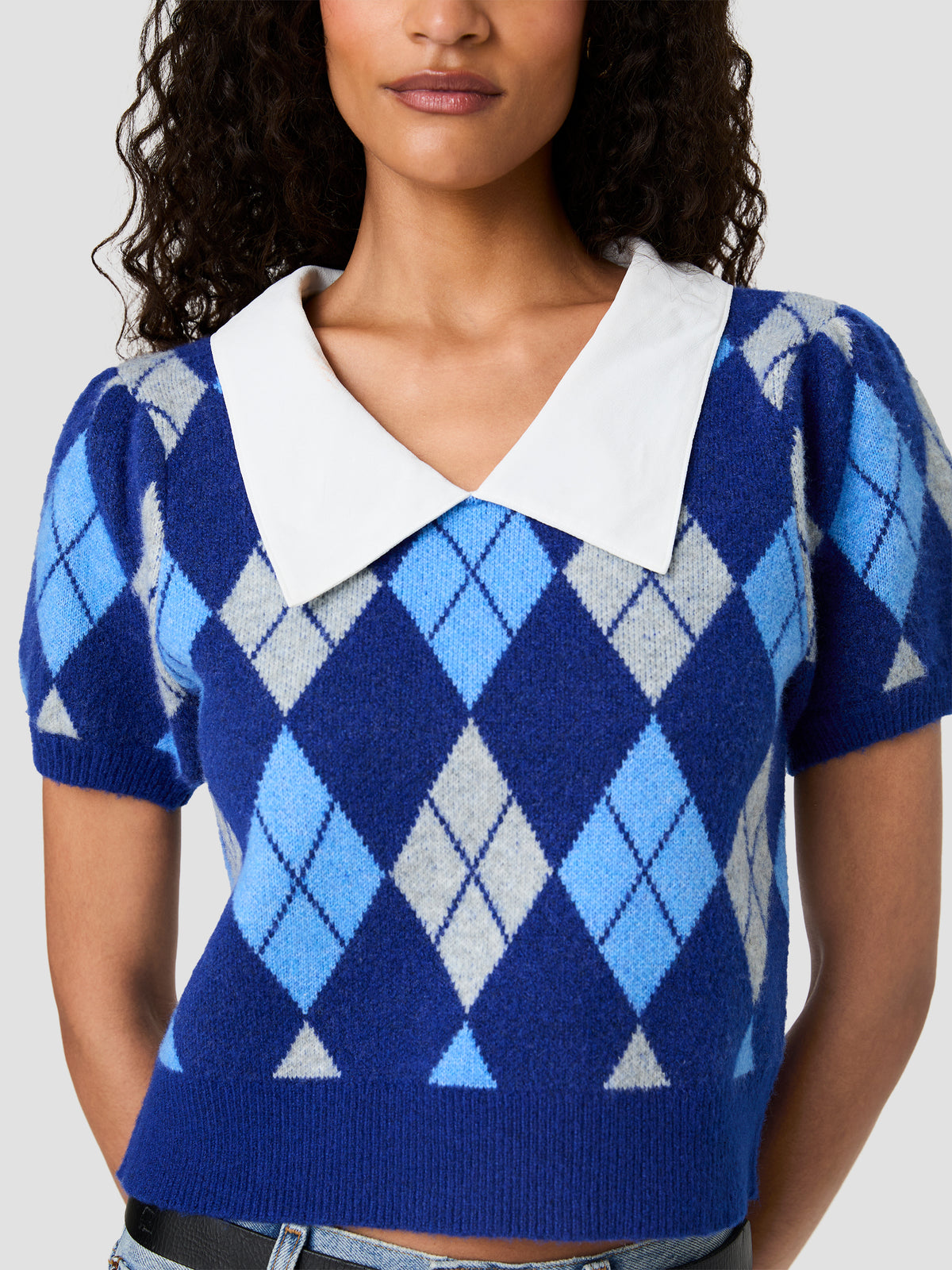 KODA KNIT COLLARED ARGYLE JACQUARD PUFF SLEEVE TOP VIEW 3 KODA KNIT COLLARED ARGYLE JACQUARD PUFF SLEEVE TOP VIEW 3