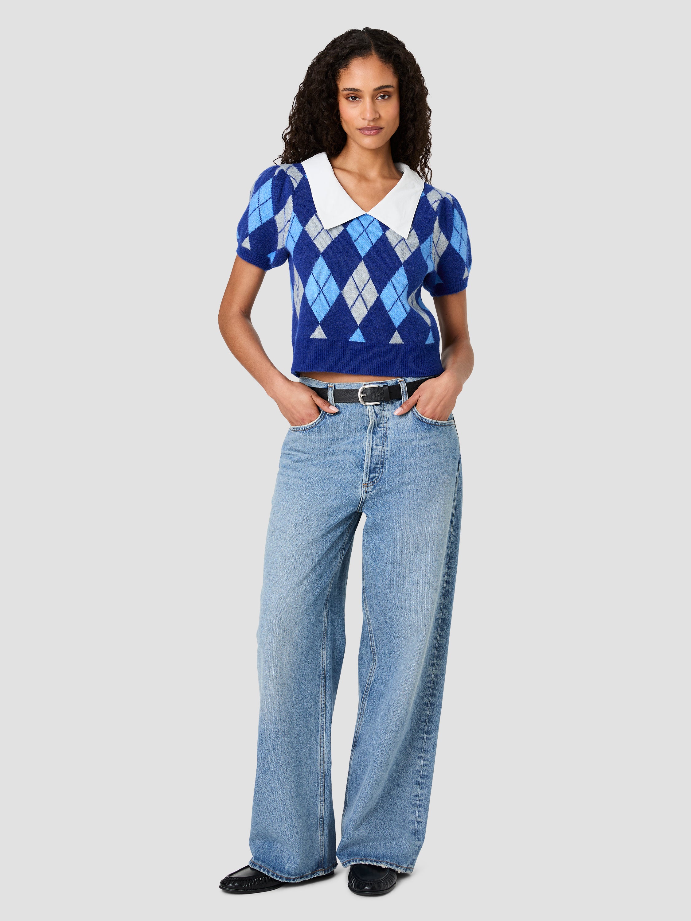 KODA KNIT COLLARED ARGYLE JACQUARD PUFF SLEEVE TOP VIEW 6 KODA KNIT COLLARED ARGYLE JACQUARD PUFF SLEEVE TOP VIEW 6