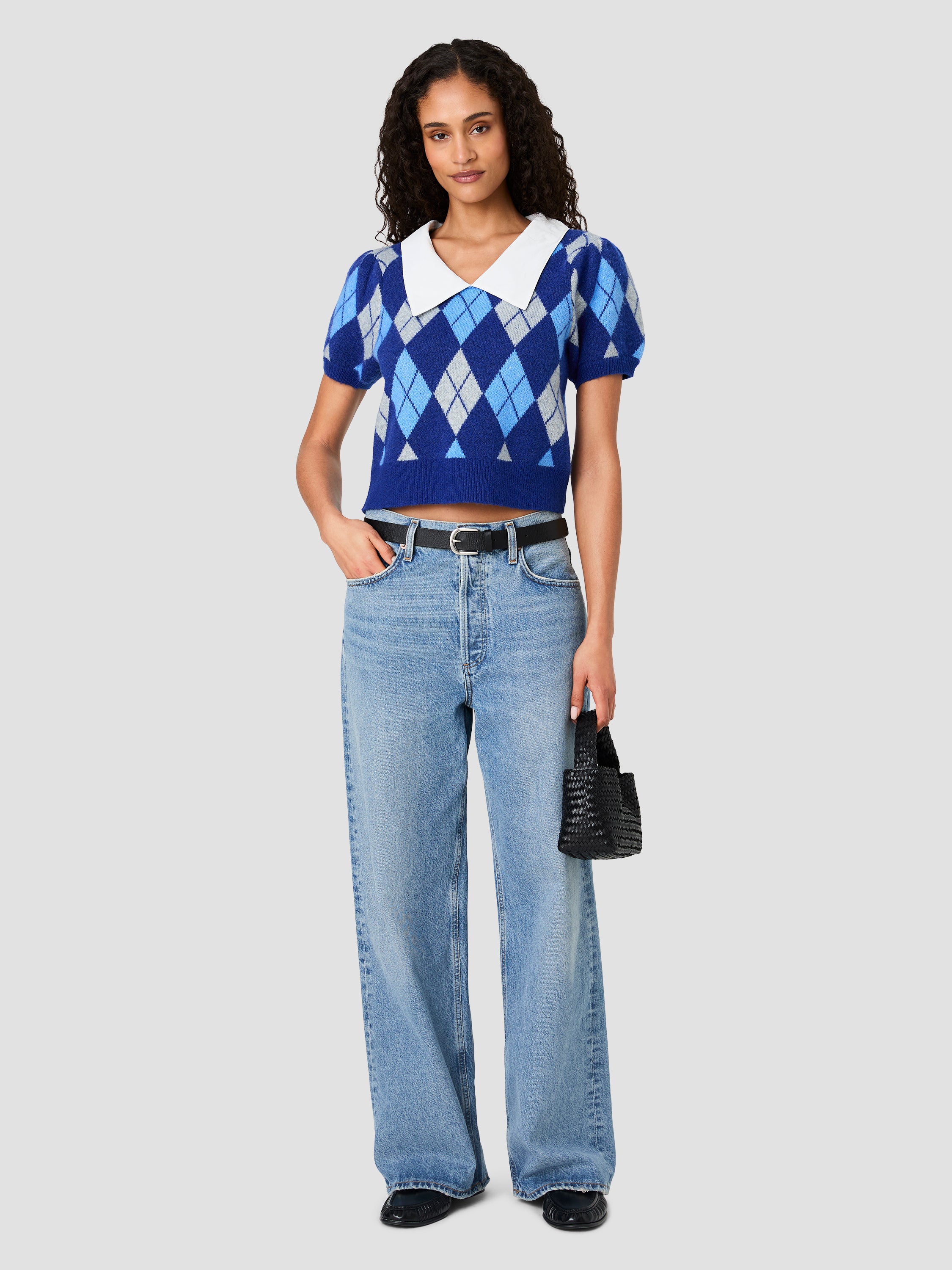 KODA KNIT COLLARED ARGYLE JACQUARD PUFF SLEEVE TOP View 1 | Products KODA KNIT COLLARED ARGYLE JACQUARD PUFF SLEEVE TOP View 1 | Products