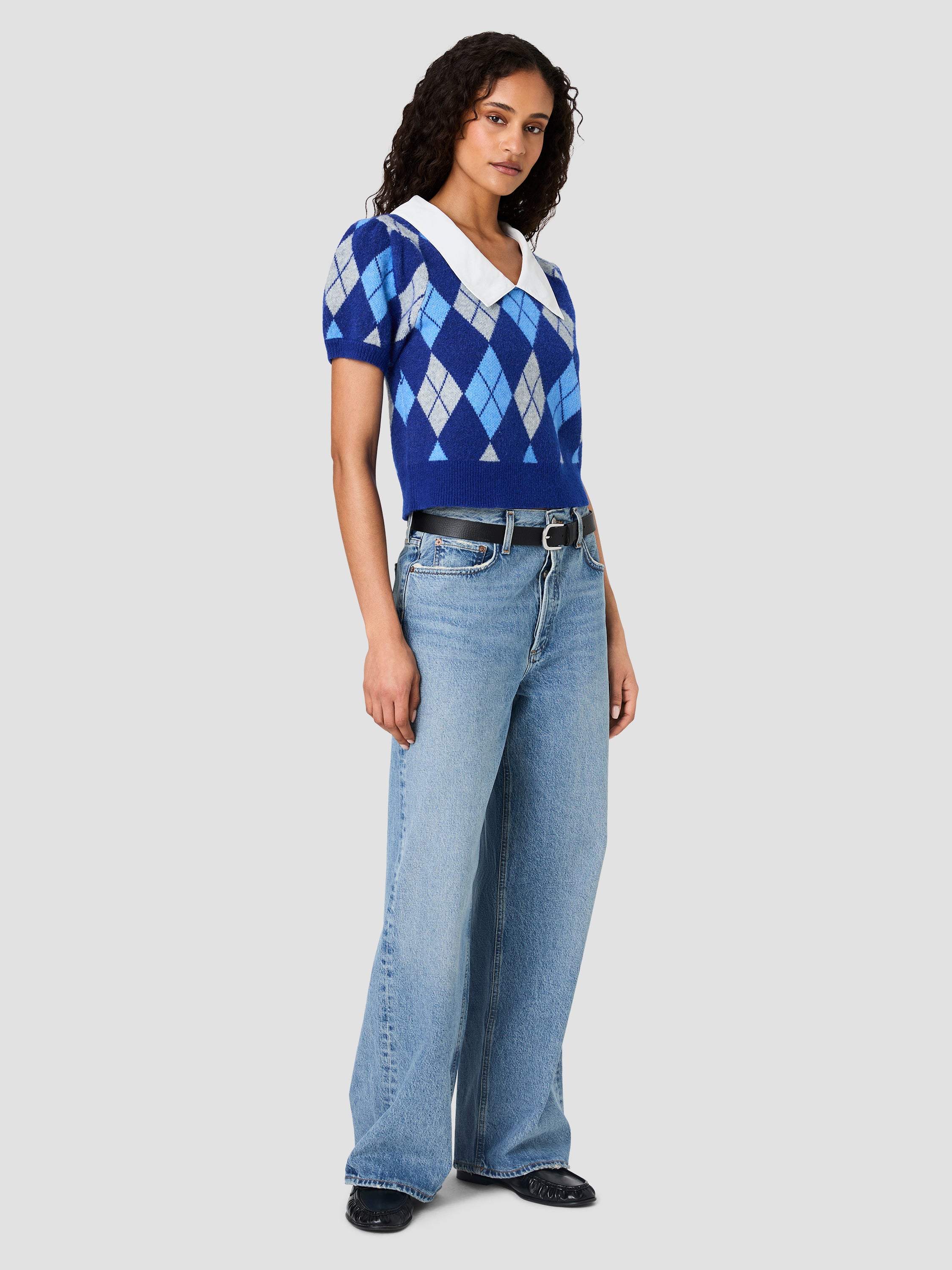KODA KNIT COLLARED ARGYLE JACQUARD PUFF SLEEVE TOP VIEW 5 KODA KNIT COLLARED ARGYLE JACQUARD PUFF SLEEVE TOP VIEW 5