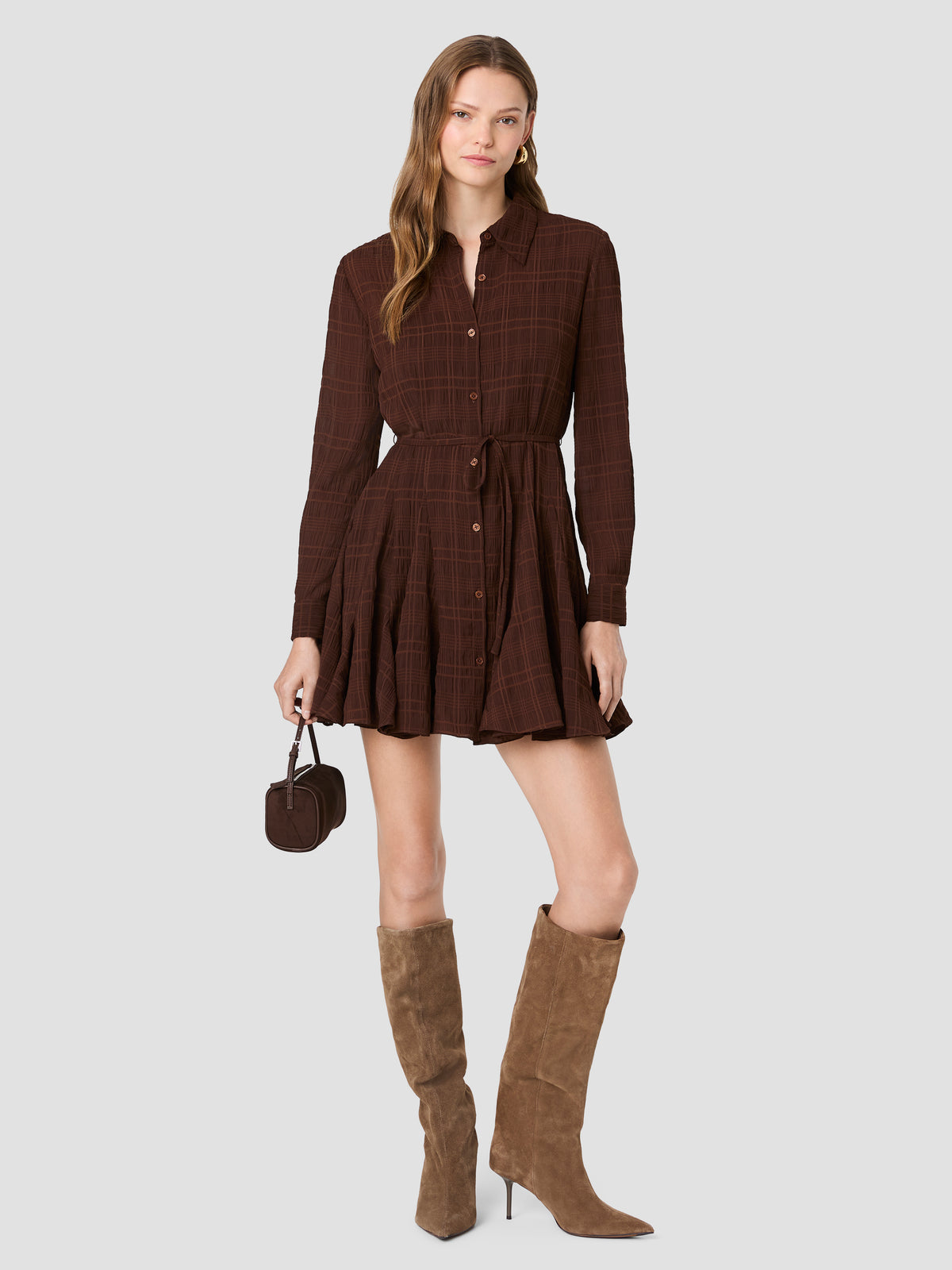 CHIFFON TEXTURE PLAID LONG SLEEVE TIE DRESS VIEW 1 | New Arrivals CHIFFON TEXTURE PLAID LONG SLEEVE TIE DRESS VIEW 1 | New Arrivals