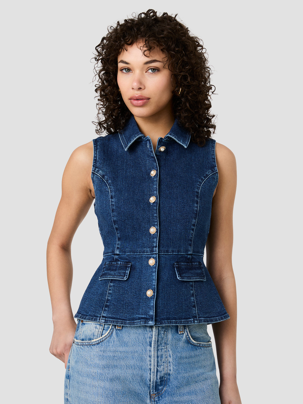DELANCEY DENIM BUTTON FRONT PEPLUM TOP View 2 | Best Sellers DELANCEY DENIM BUTTON FRONT PEPLUM TOP View 2 | Best Sellers