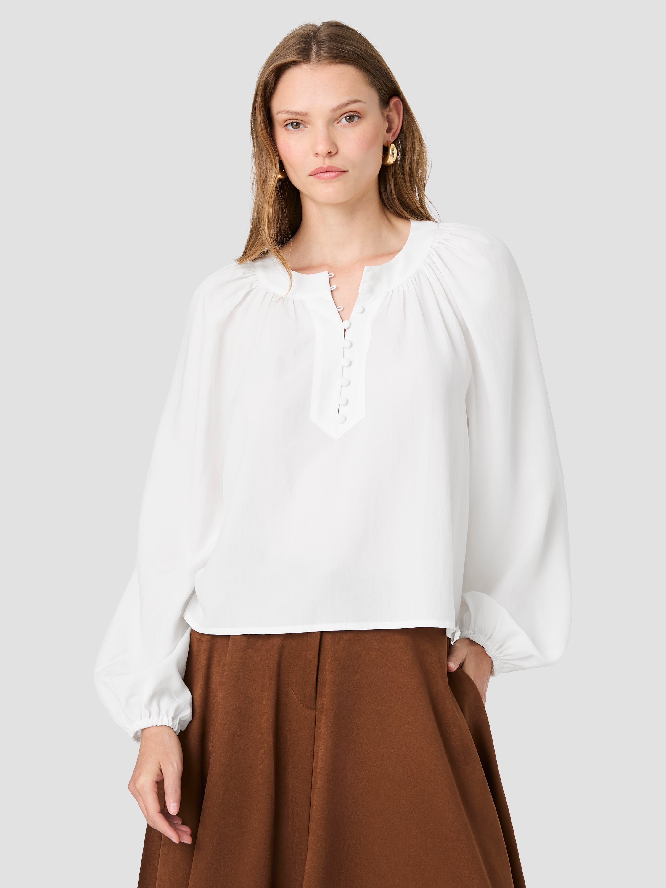TENCEL SHIRTING HALF PLACKET LONG SLEEVE TOP View 1 | Products TENCEL SHIRTING HALF PLACKET LONG SLEEVE TOP View 1 | Products