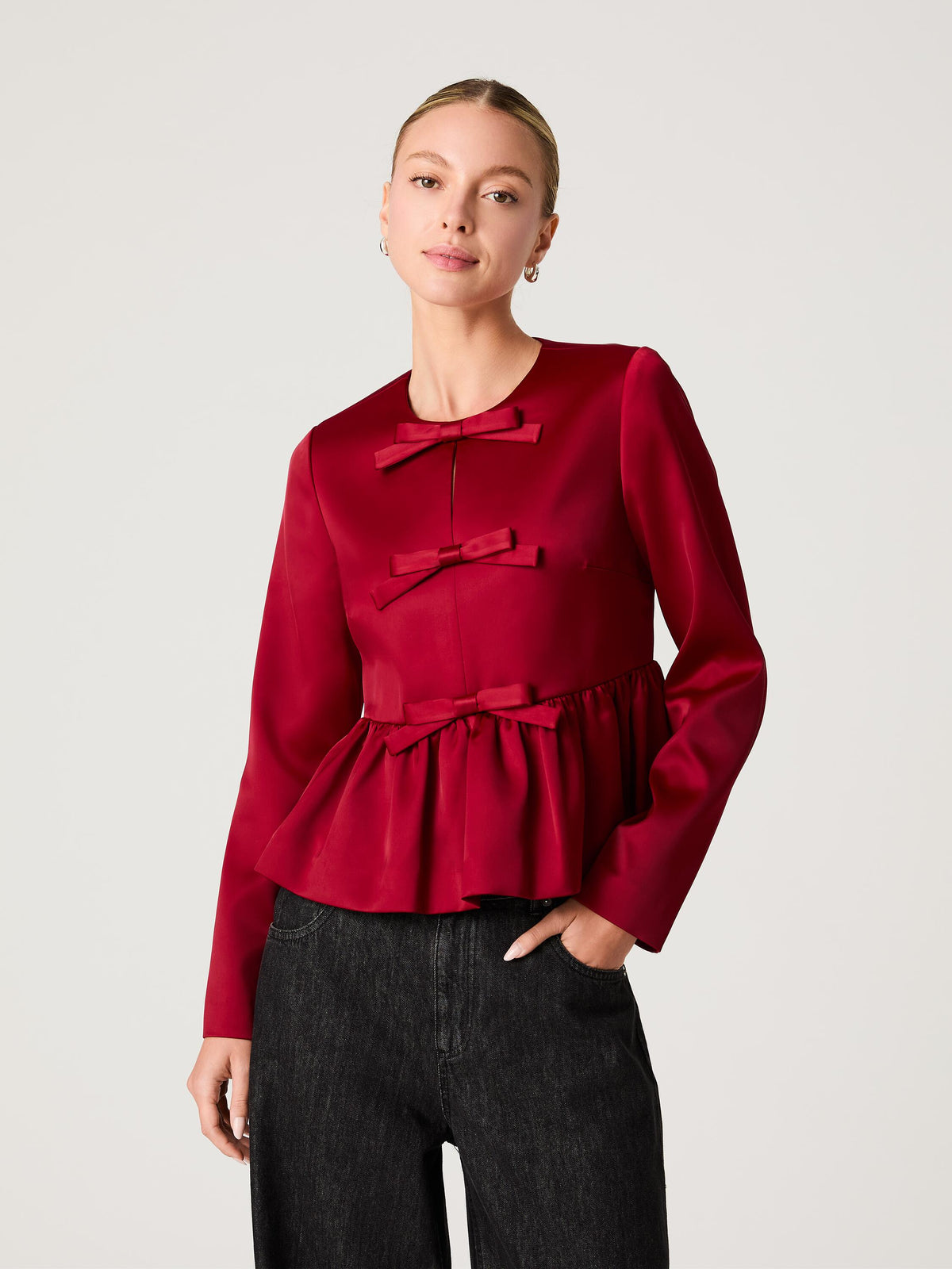 CAREY SATIN BOXY BOW PEPLUM LONG SLEEVE TOP VIEW 2 | Shirts & Tops CAREY SATIN BOXY BOW PEPLUM LONG SLEEVE TOP VIEW 2 | Shirts & Tops