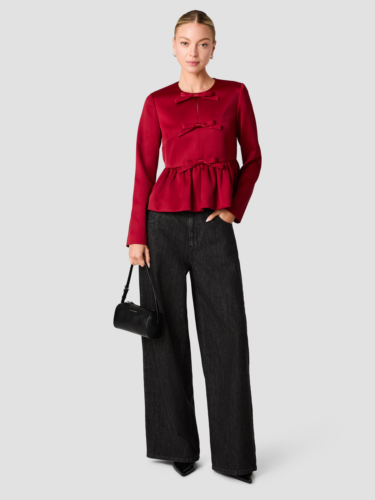 CAREY SATIN BOXY BOW PEPLUM LONG SLEEVE TOP VIEW 1 | Shirts & Tops CAREY SATIN BOXY BOW PEPLUM LONG SLEEVE TOP VIEW 1 | Shirts & Tops
