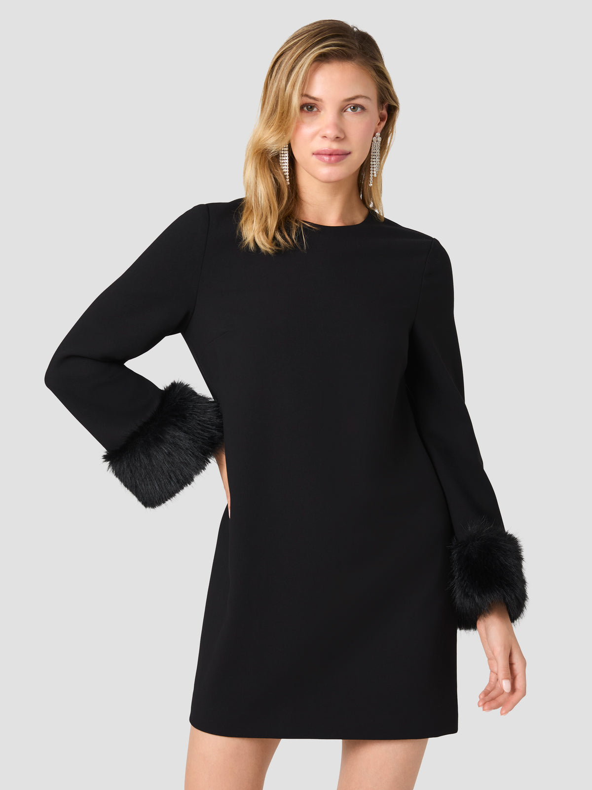 WHISPER FAUX FUR TRIM LONG SLEEVE MINI DRESS VIEW 2 WHISPER FAUX FUR TRIM LONG SLEEVE MINI DRESS VIEW 2