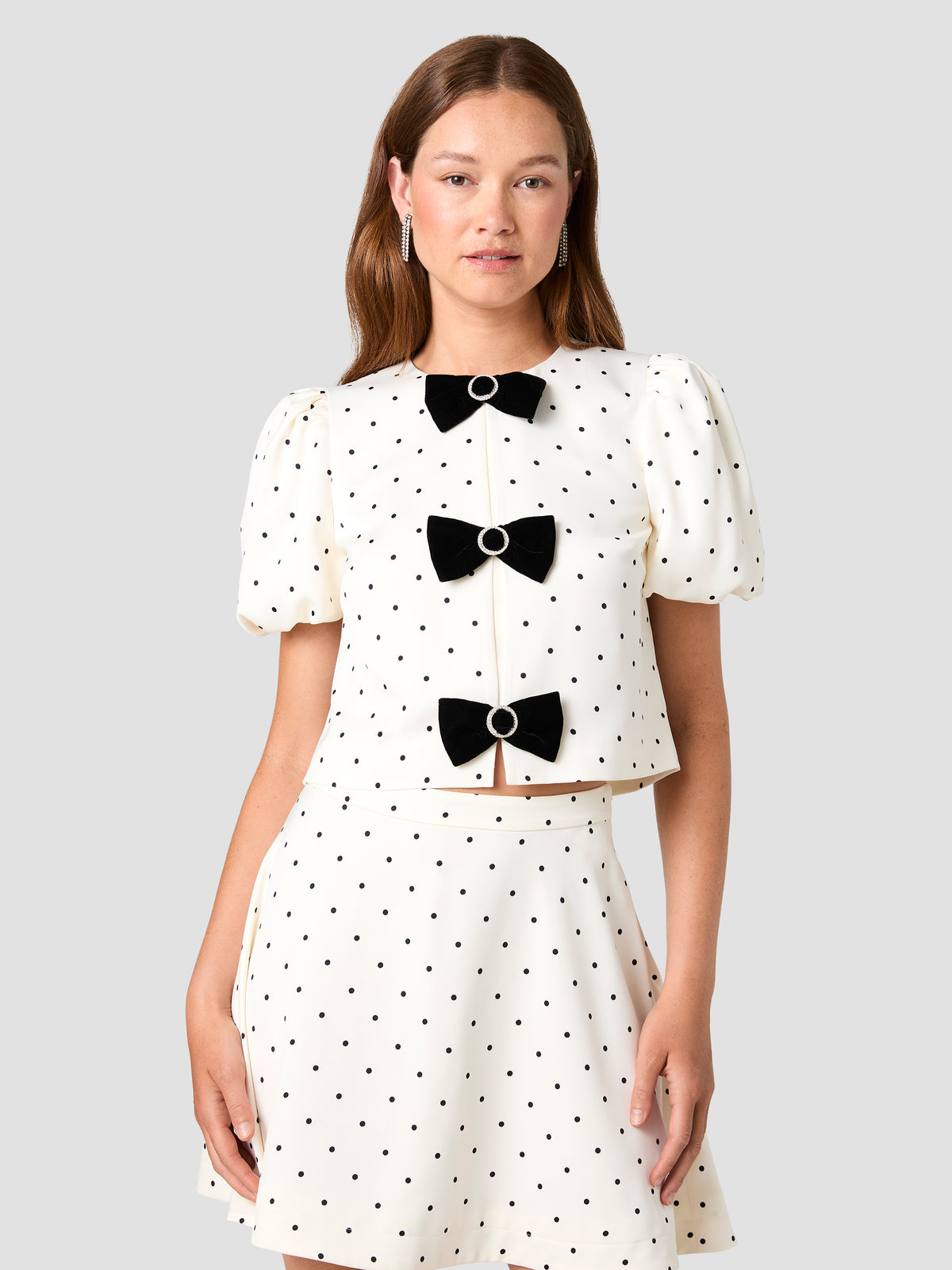 MAELYS STRETCH SATIN POLKA DOT PUFF SLEEVE TOP View 1 | The Layering Shop MAELYS STRETCH SATIN POLKA DOT PUFF SLEEVE TOP View 1 | The Layering Shop