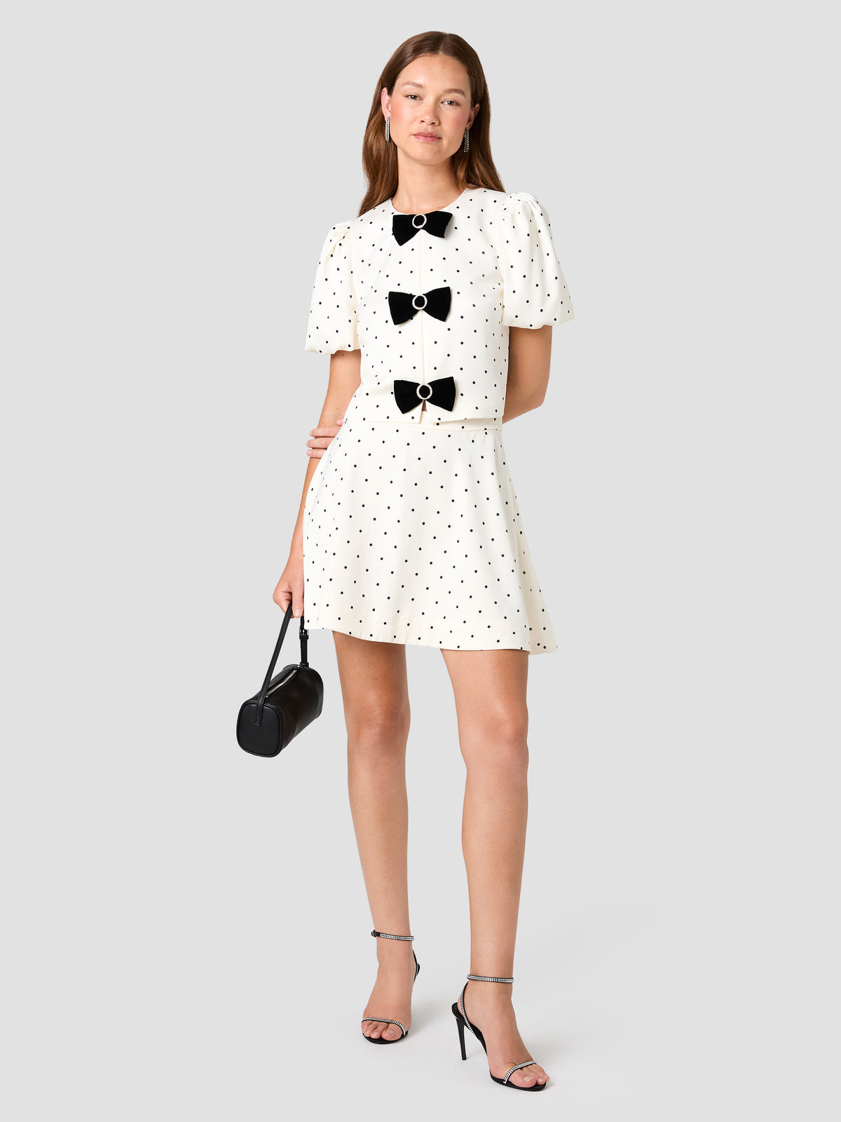 MAELYS STRETCH SATIN POLKA DOT MINI SKIRT VIEW 1 MAELYS STRETCH SATIN POLKA DOT MINI SKIRT VIEW 1