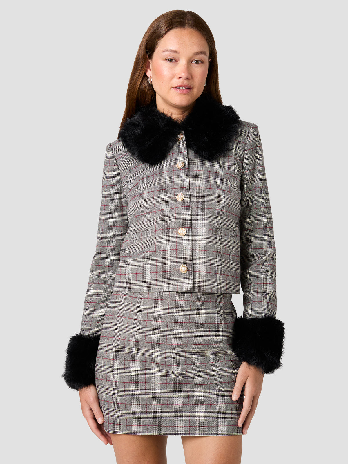 LEONIE TARTAN PLAID WITH FUR COMBO JACKET VIEW 2 LEONIE TARTAN PLAID WITH FUR COMBO JACKET VIEW 2