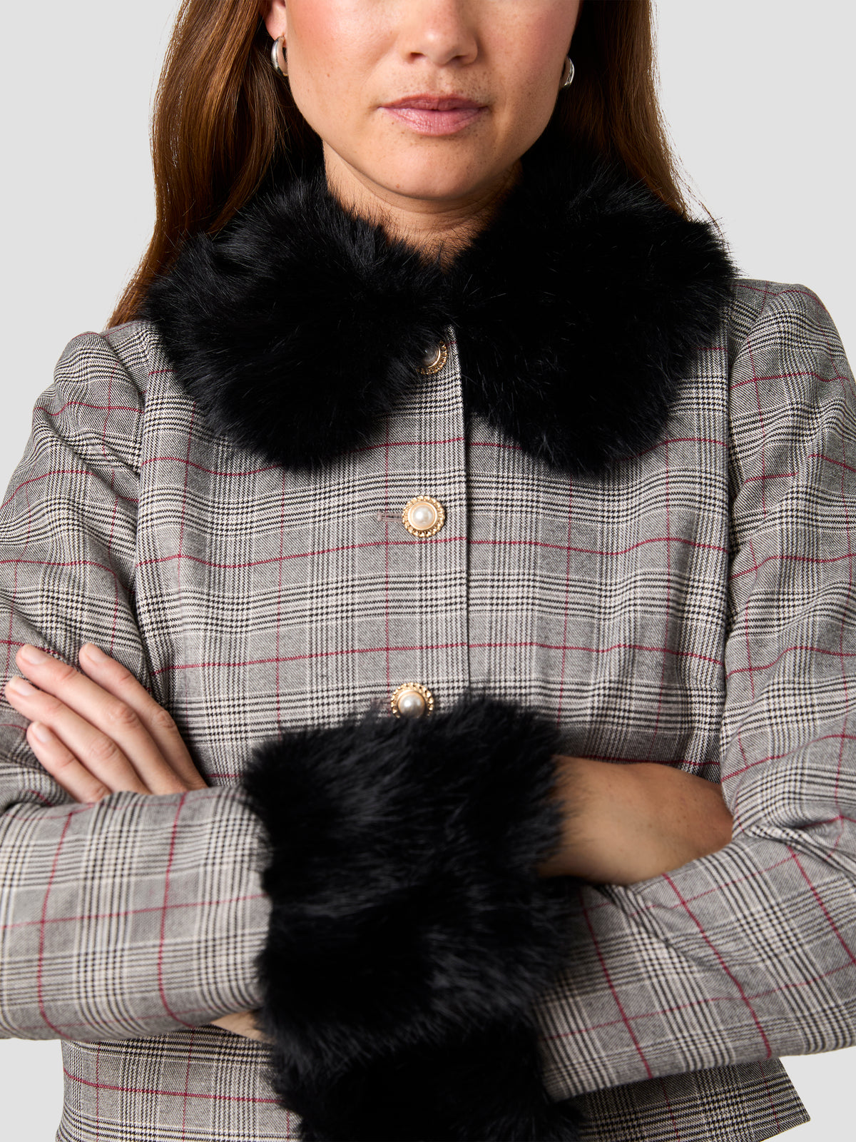LEONIE TARTAN PLAID WITH FUR COMBO JACKET VIEW 3 LEONIE TARTAN PLAID WITH FUR COMBO JACKET VIEW 3