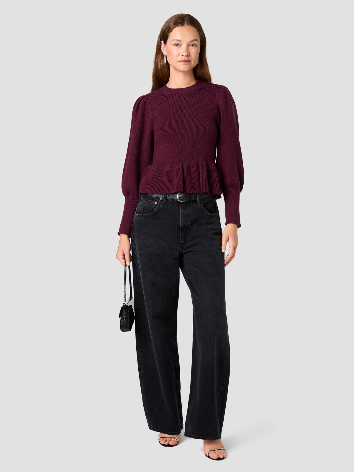 SLOANE KNIT BALLOON SLEEVE PEPLUM PULLOVER SWEATER VIEW 1 SLOANE KNIT BALLOON SLEEVE PEPLUM PULLOVER SWEATER VIEW 1