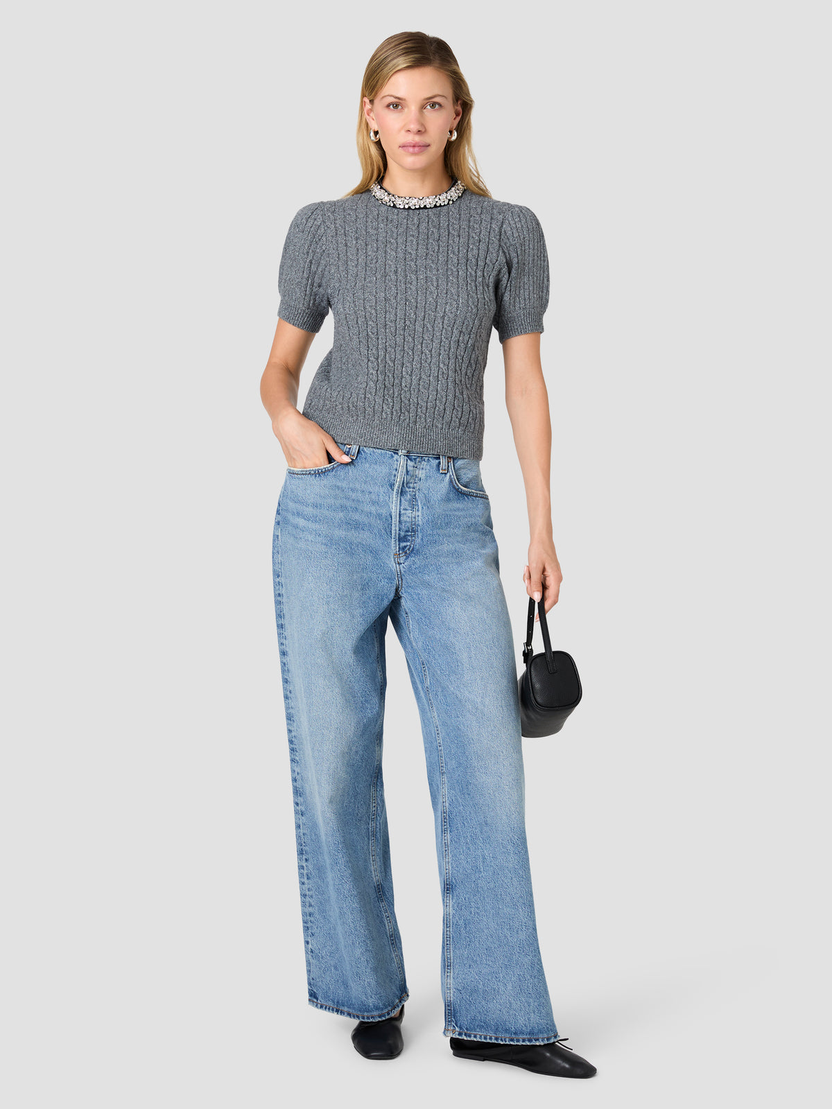 AVEA KNIT CABLE EMBELLISHED SHORT SLEEVE SWEATER VIEW 1 AVEA KNIT CABLE EMBELLISHED SHORT SLEEVE SWEATER VIEW 1