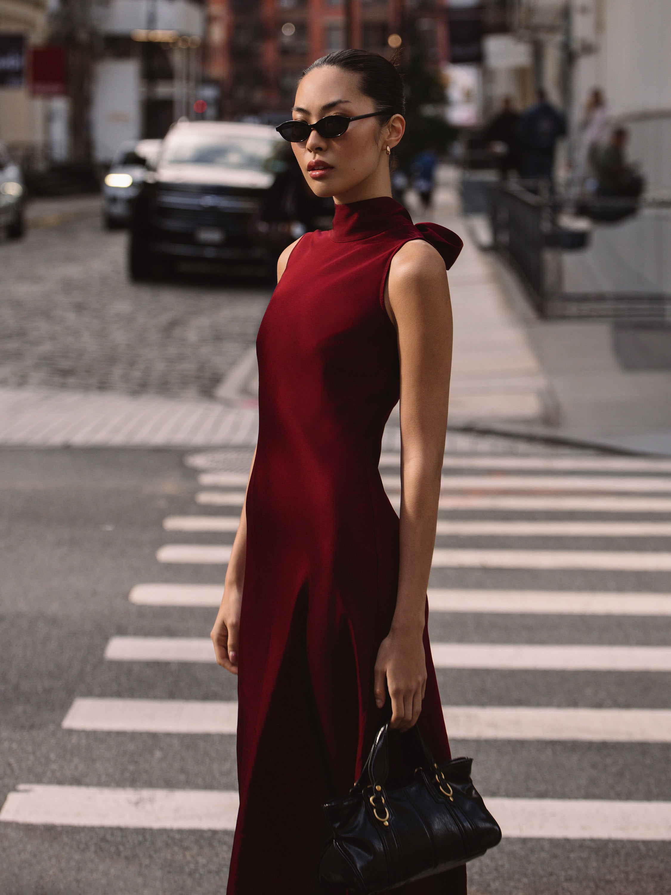 Ennis Satin Sleeveless Bow Midi Dress