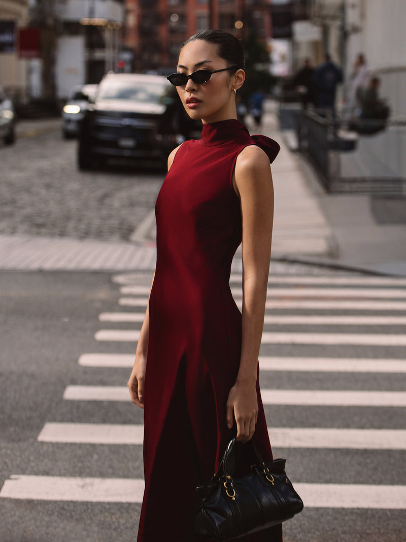 Ennis Satin Sleeveless Bow Midi Dress