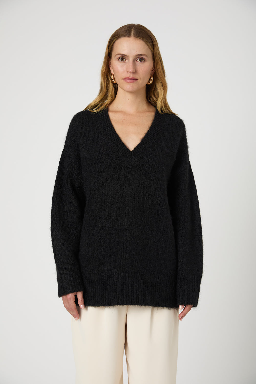 Fluffy Knit V Neck Oversized Sweater Black French Connection US