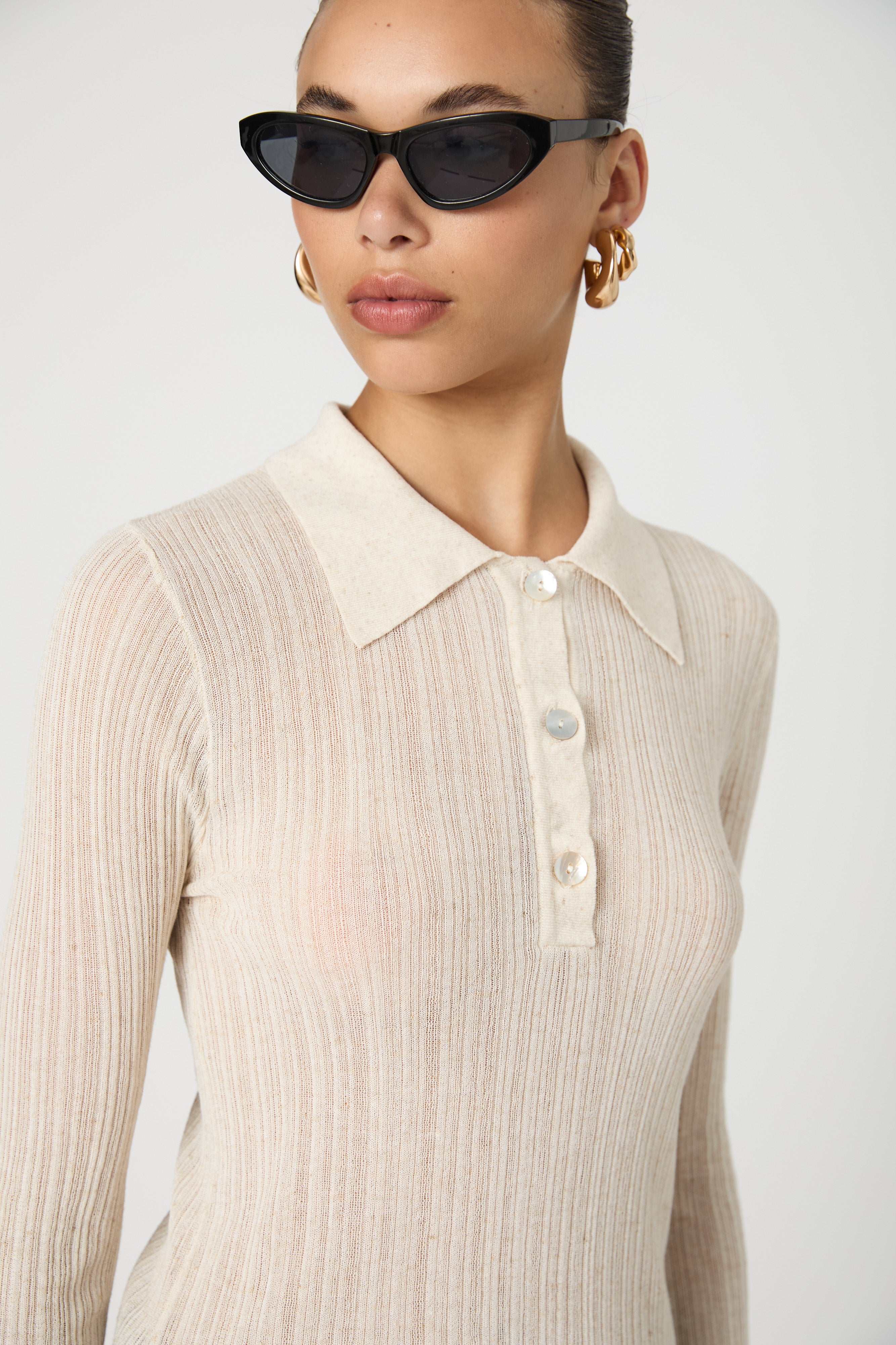 Linen Blend Knit Button Up Top