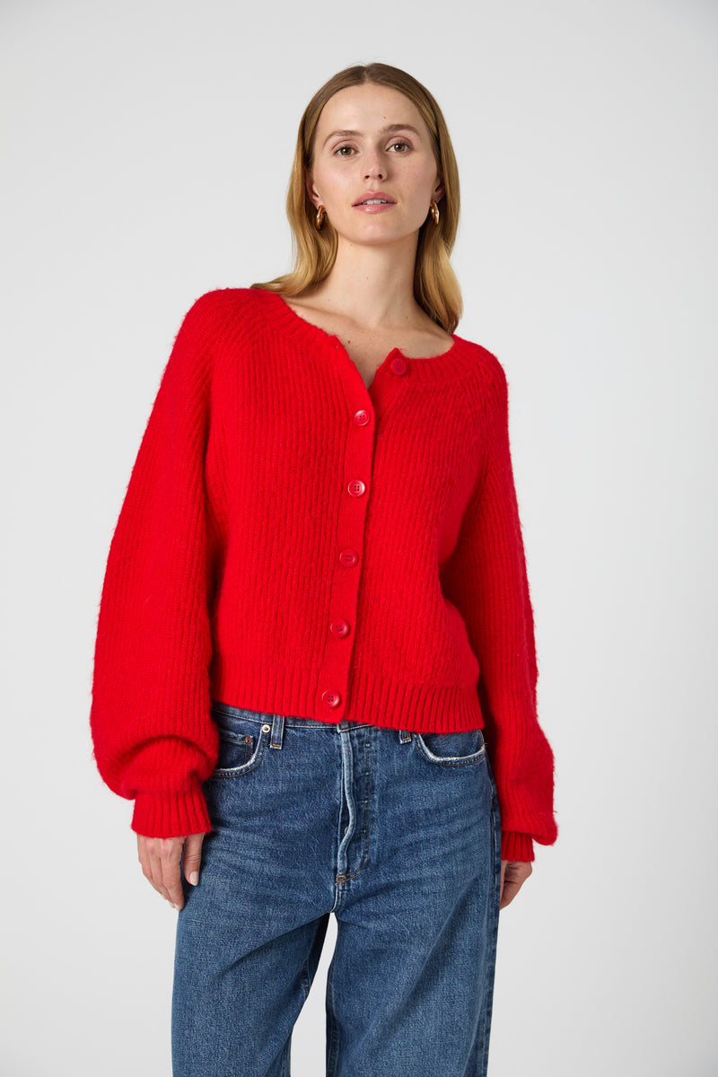 Fluffy Knit Chunky Rib Cardigan Mars Red French Connection US