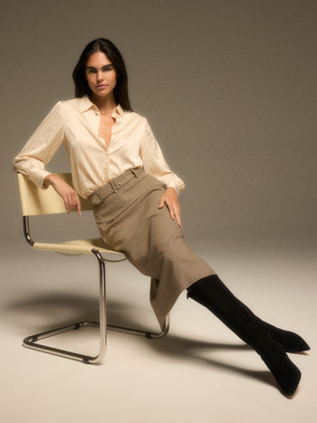 Houndstooth Belted Midi Skirt