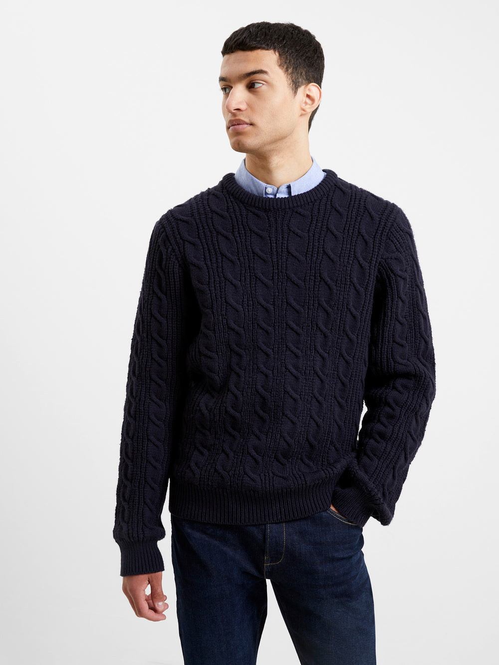 Soft Cable Knit Crewneck Sweater Dark Navy