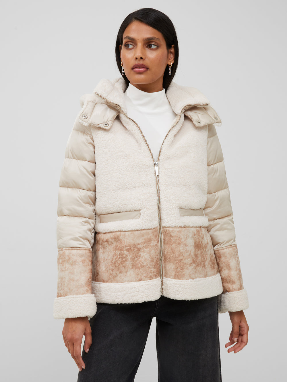 Vegan Leather Sherpa Puffer Coat Ivory | French Connection US