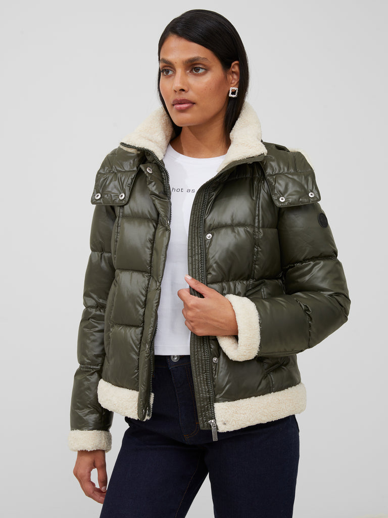 Vegan Leather Shearling Puffer Coat Dark Green | French Connection US