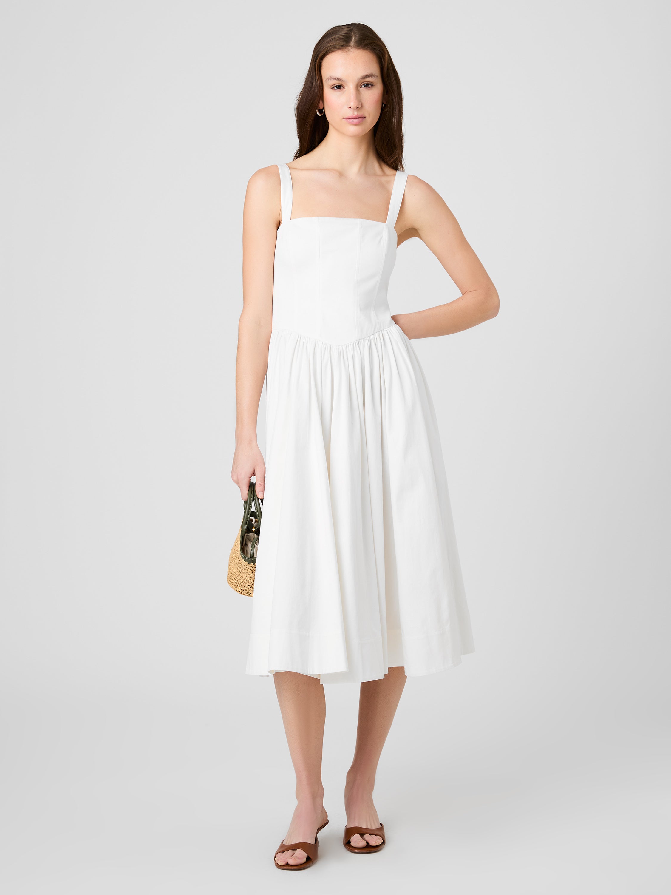 COTTON SATEEN FITTED BODICE MIDI DRESS View 1 | Dresses
