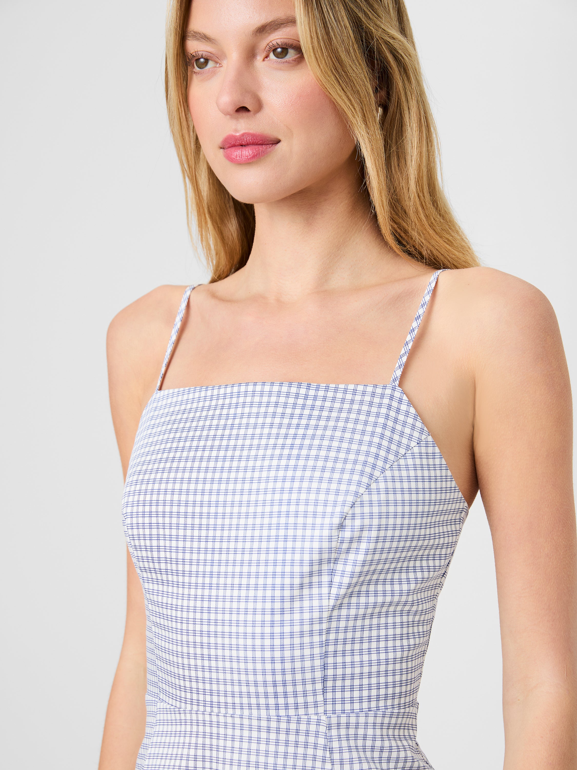 COTTON SATEEN SQUARE NECK WINDOWPANE DRESS VIEW 3