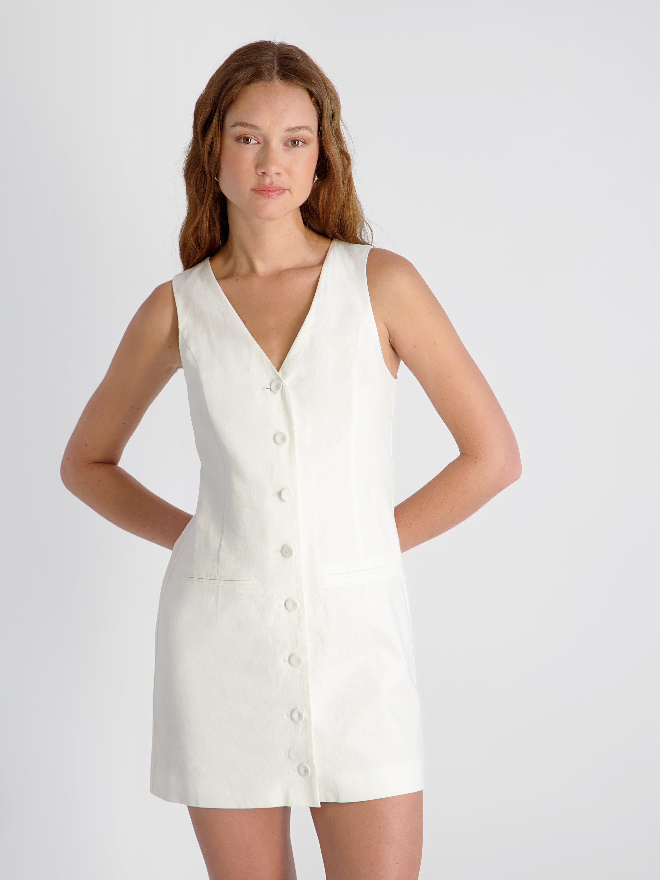 ASPEN LINEN SLEEVELESS A-LINE DRESS View 2 | White Dresses