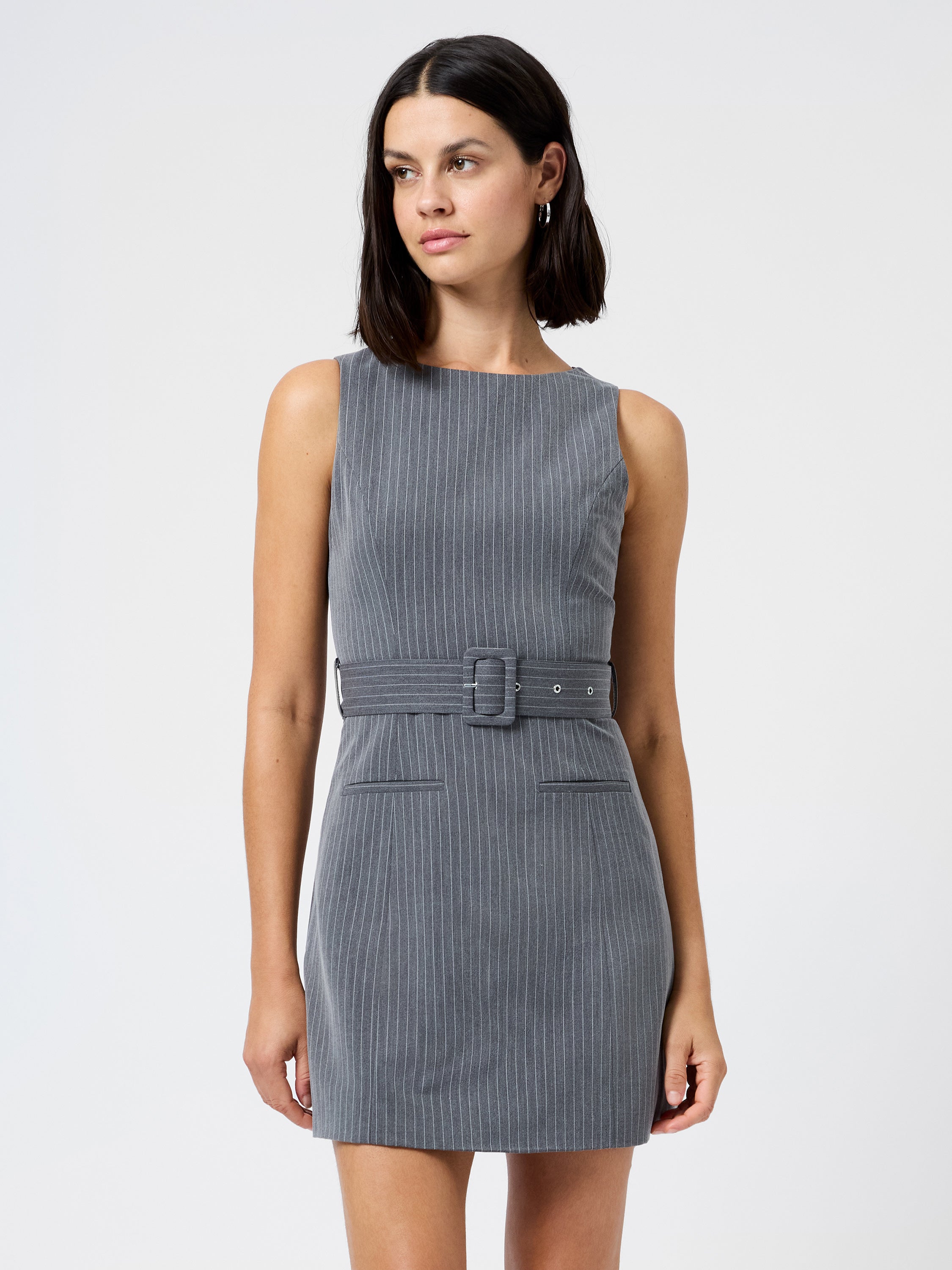MINKA PINSTRIPE BELTED MINI DRESS View 1 | Mini Dresses