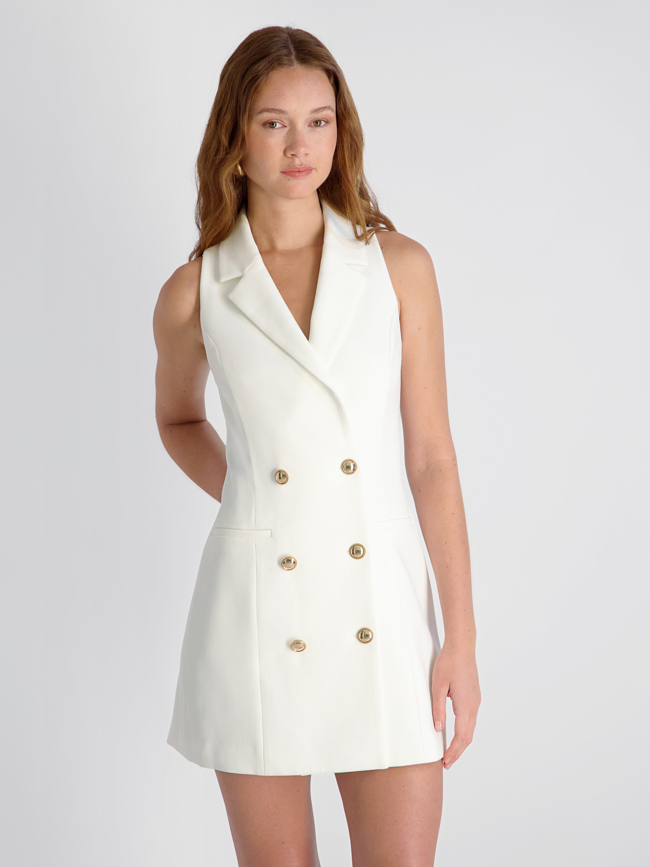 WHISPER DOUBLE BREASTED HALTER MINI DRESS View 2 | White Dresses