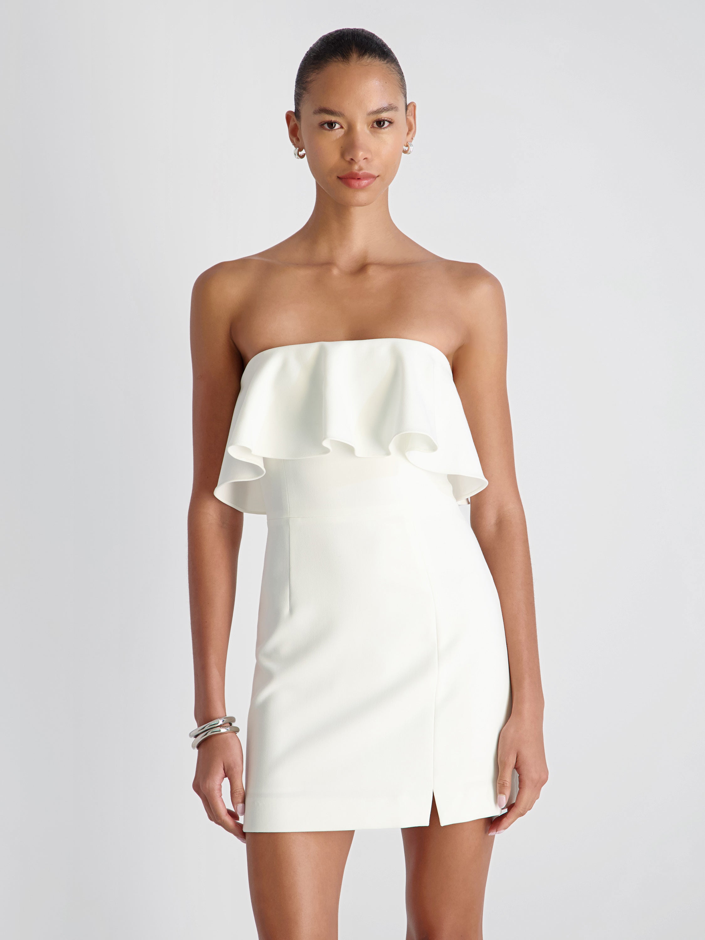 WHISPER STRAPLESS FRILL MINI DRESS View 2 | White Dresses