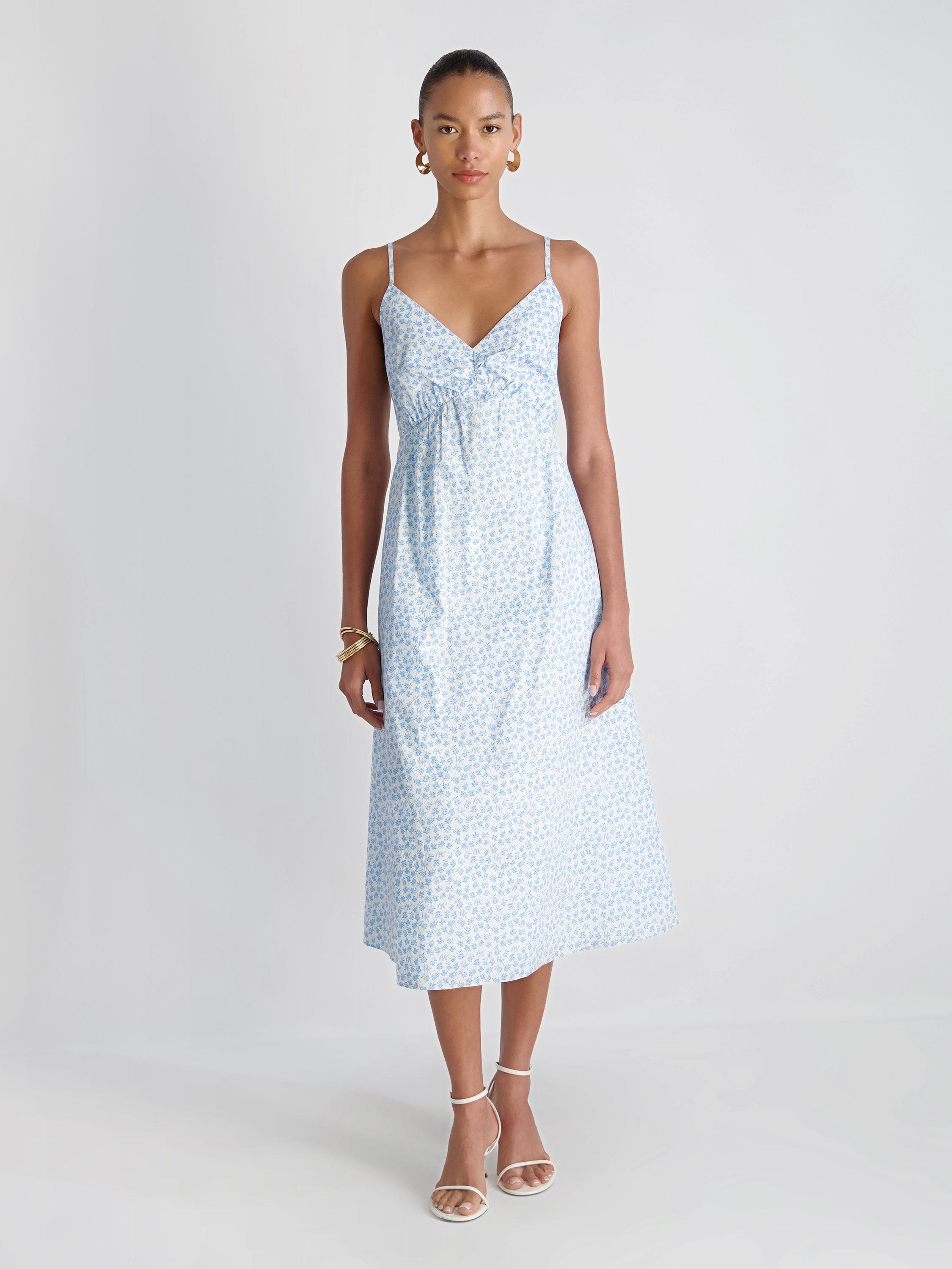 French Connection Women's Floral Print Midi Dress - Stacey Fleur White/Poolside Blue - Size L French Connection Women's Floral Print Midi Dress - Stacey Fleur White/Poolside Blue - Size L
