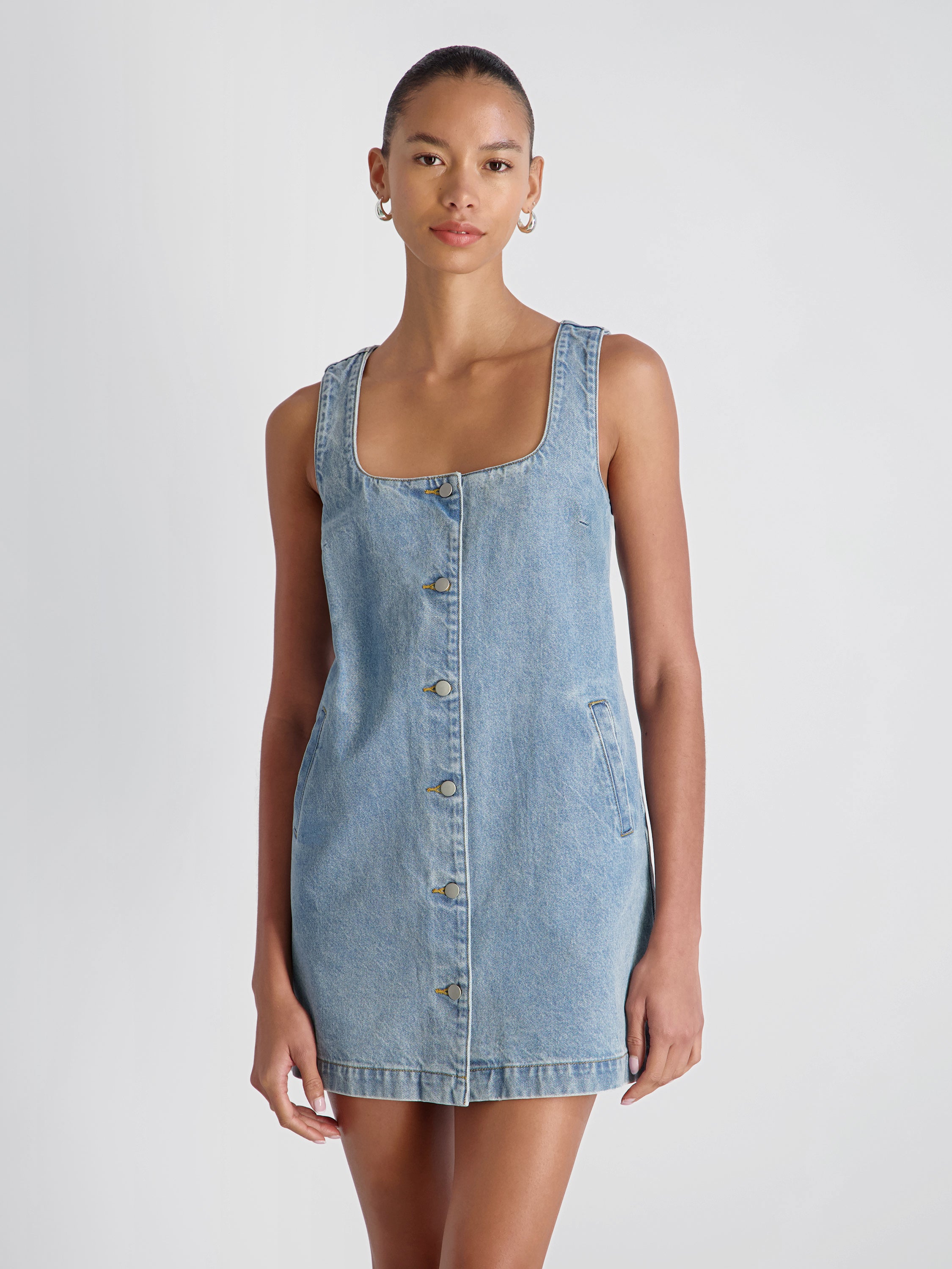90S DENIM BUTTON-FRONT SLEEVELESS MINI DRESS View 2 | Dresses