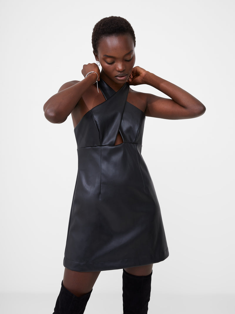 Crolenda Faux Leather Cross Strap Mini Dress Blackout | French Connection US