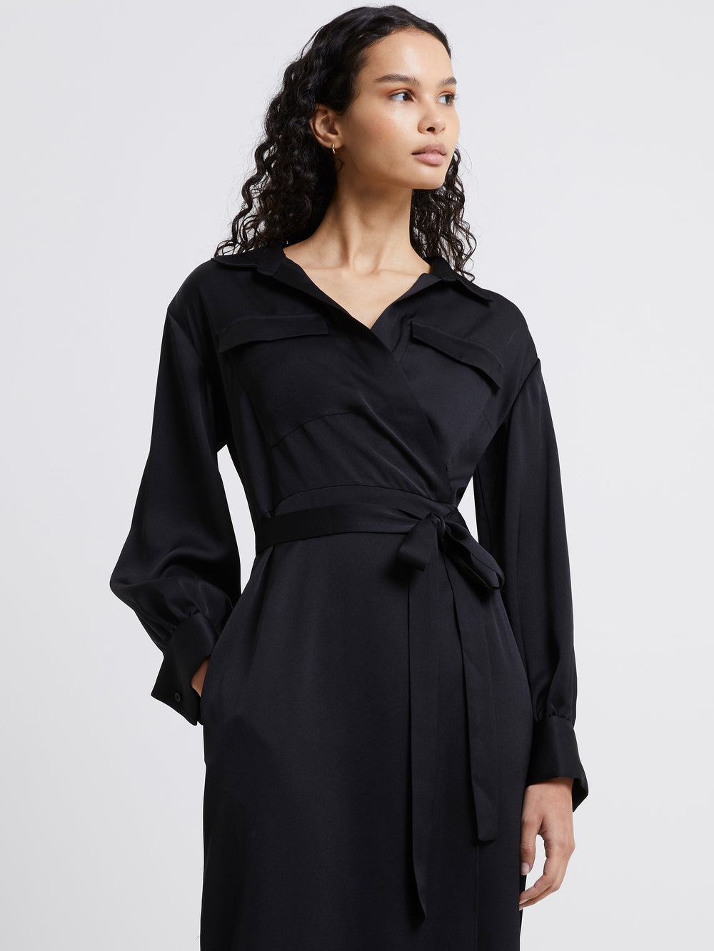 Harlow Satin Wrap Midi Dress Blackout | French Connection US