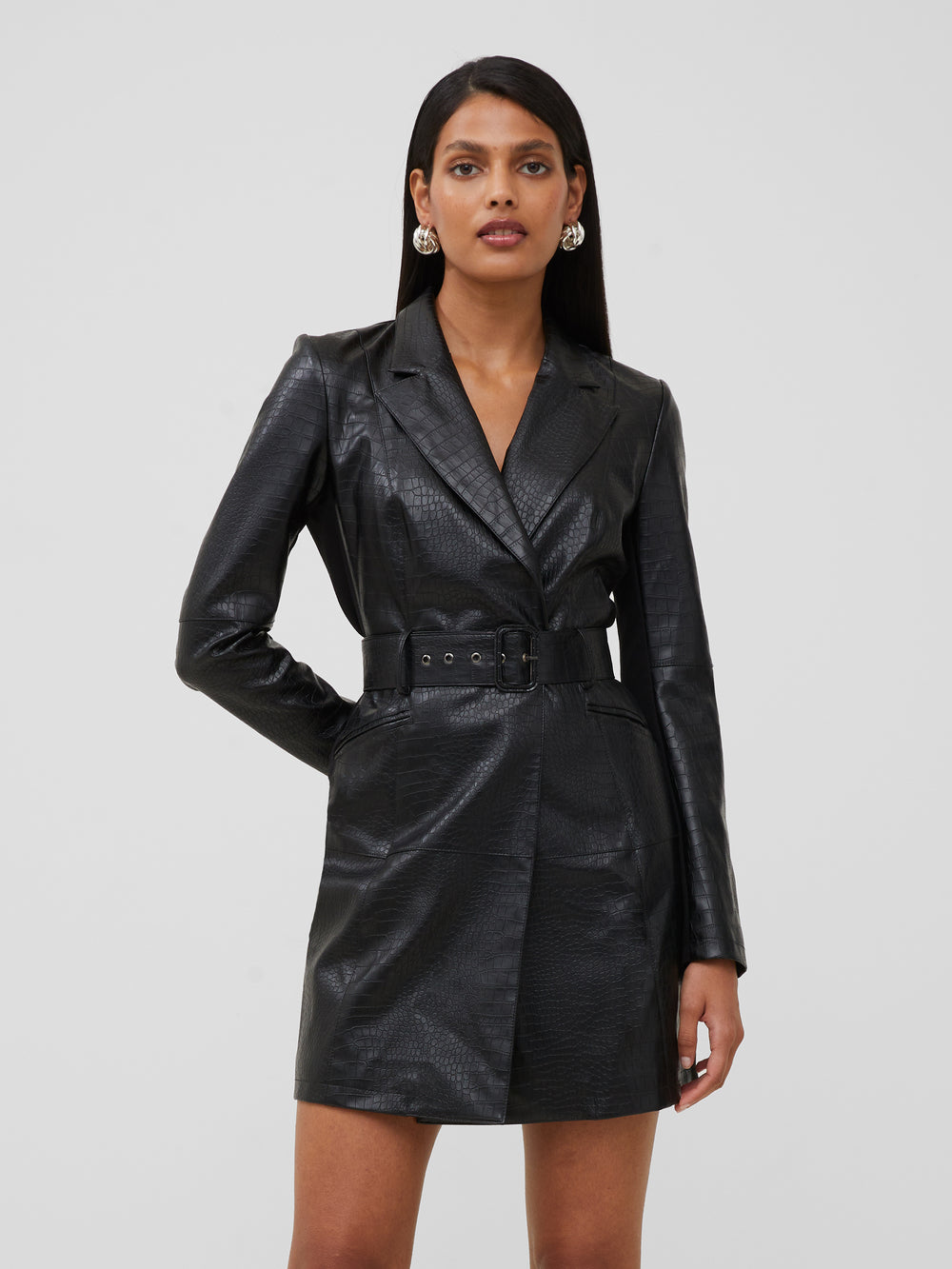 Clancy Faux Leather Belted Mini Dress Blackout | French Connection US