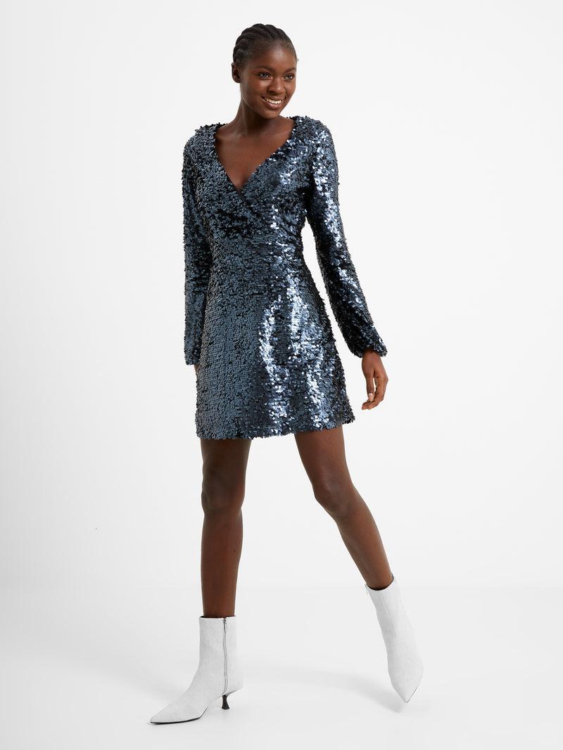 Bisma Sequin Wrap Dress Gunmetal Silver | French Connection US